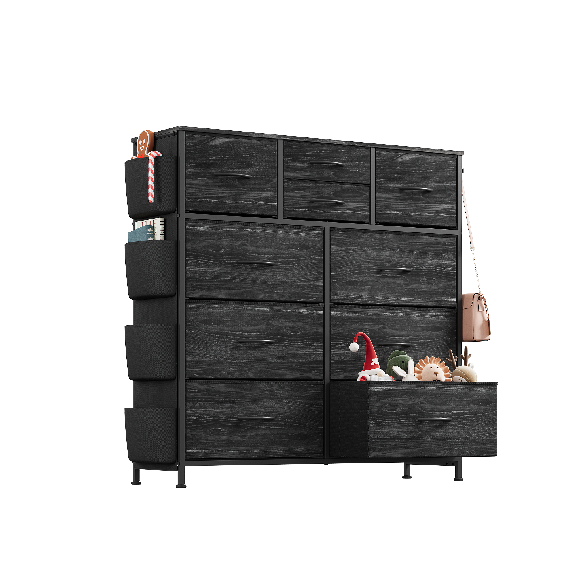 WLIVE 10-Drawer Fabric Dresser with Side Pockets and Hooks