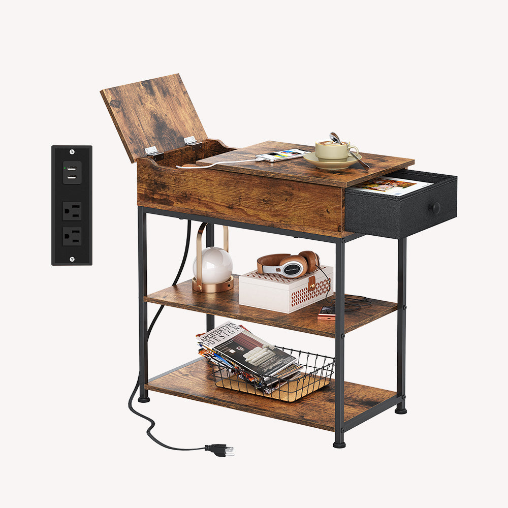 WLIVE Small Wood Storage Side Table with Charging Station