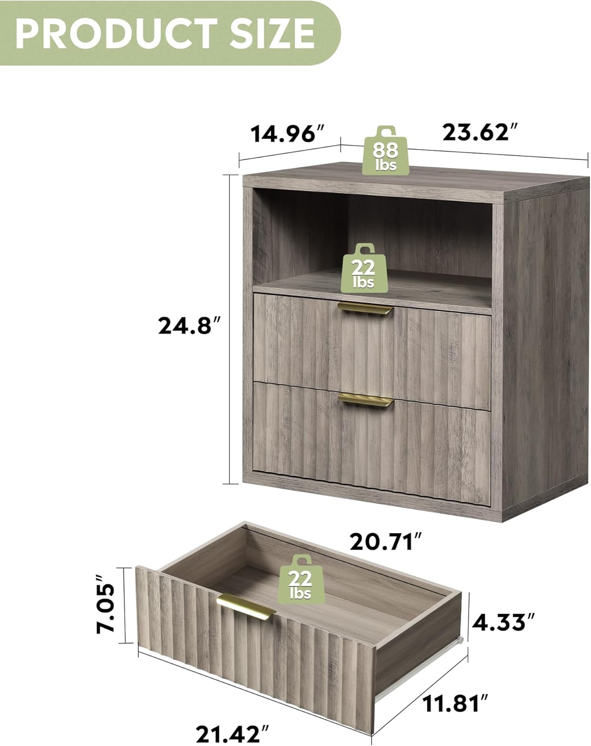WLIVE Fluted Night Stand Set 2, Wood Nightstands with Storage Drawers and Open Shelf