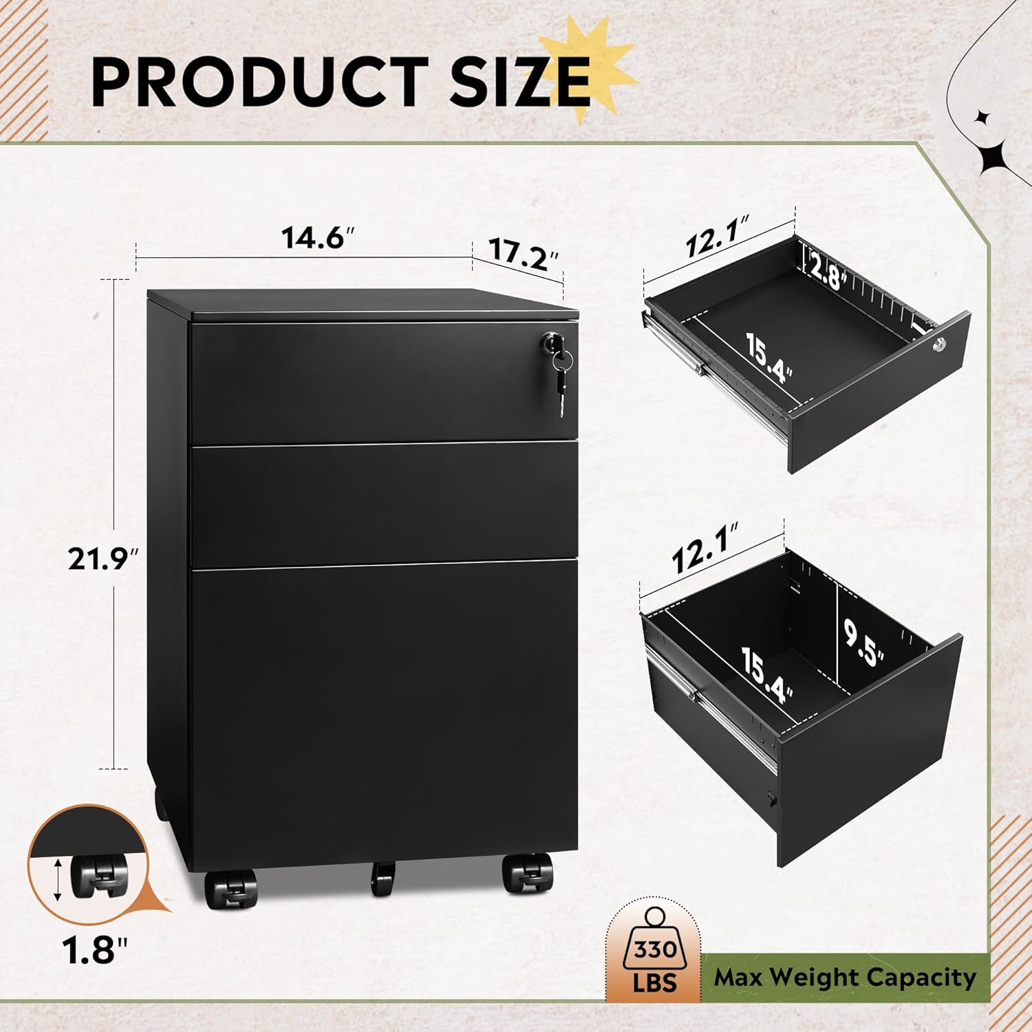 Size of 3-drawer metal rolling file cabinet with lock in 14.6 inch wide