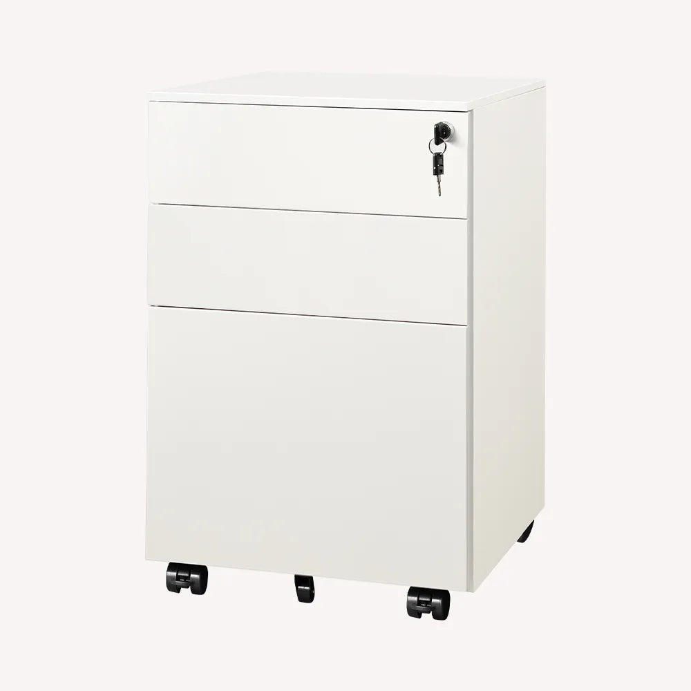 3-drawer metal rolling file cabinet with lock in white 14.6 inch wide