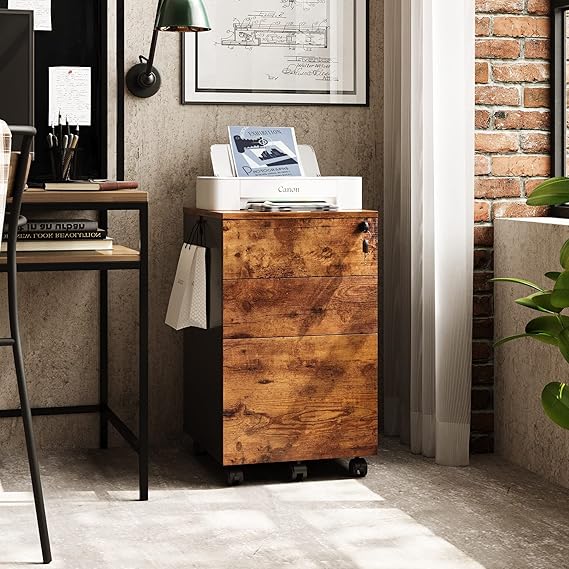 rustic brown 3-drawer small rolling filing cabinet with lock in home office