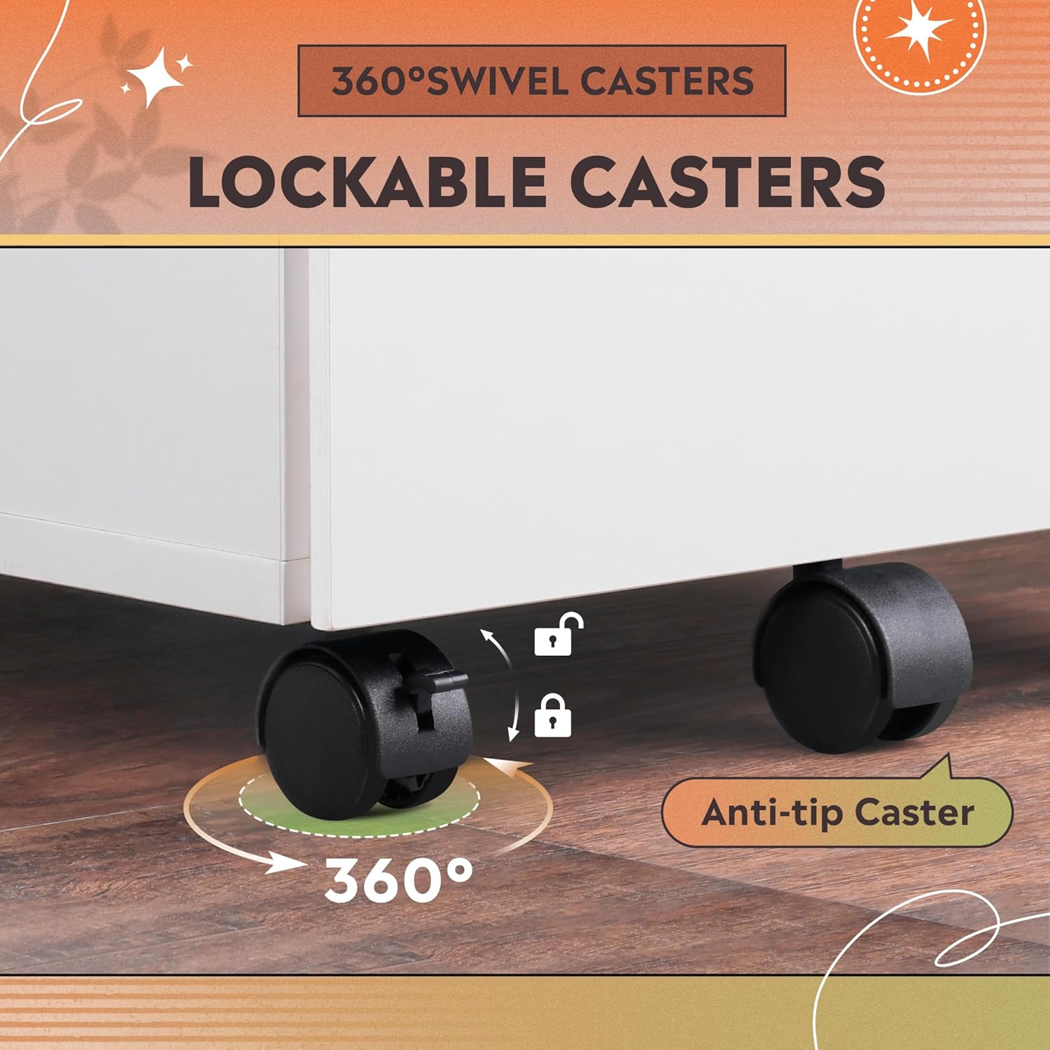 Lockable casters of 3-drawer small rolling filing cabinet with lock
