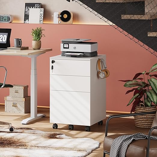 3-drawer small rolling filing cabinet with lock in home office
