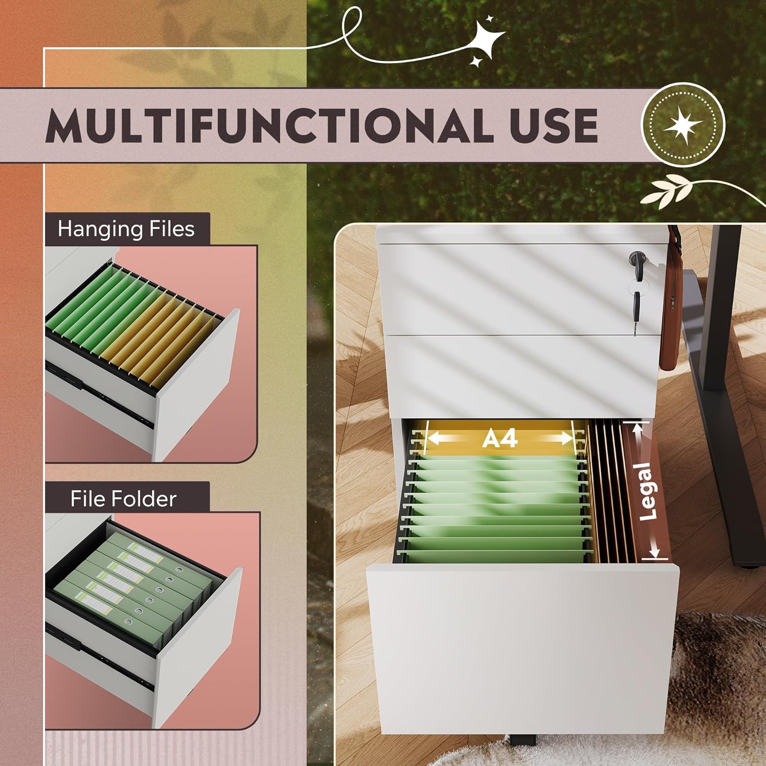 Multifuntional Use of 3-drawer small rolling filing cabinet with lock