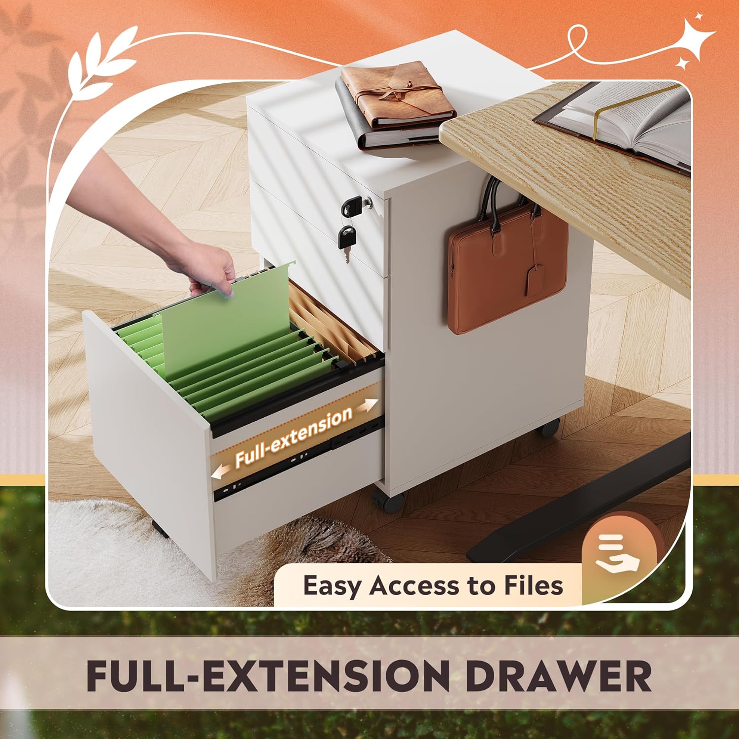 Full-extension drawer of 3-drawer small rolling filing cabinet with lock