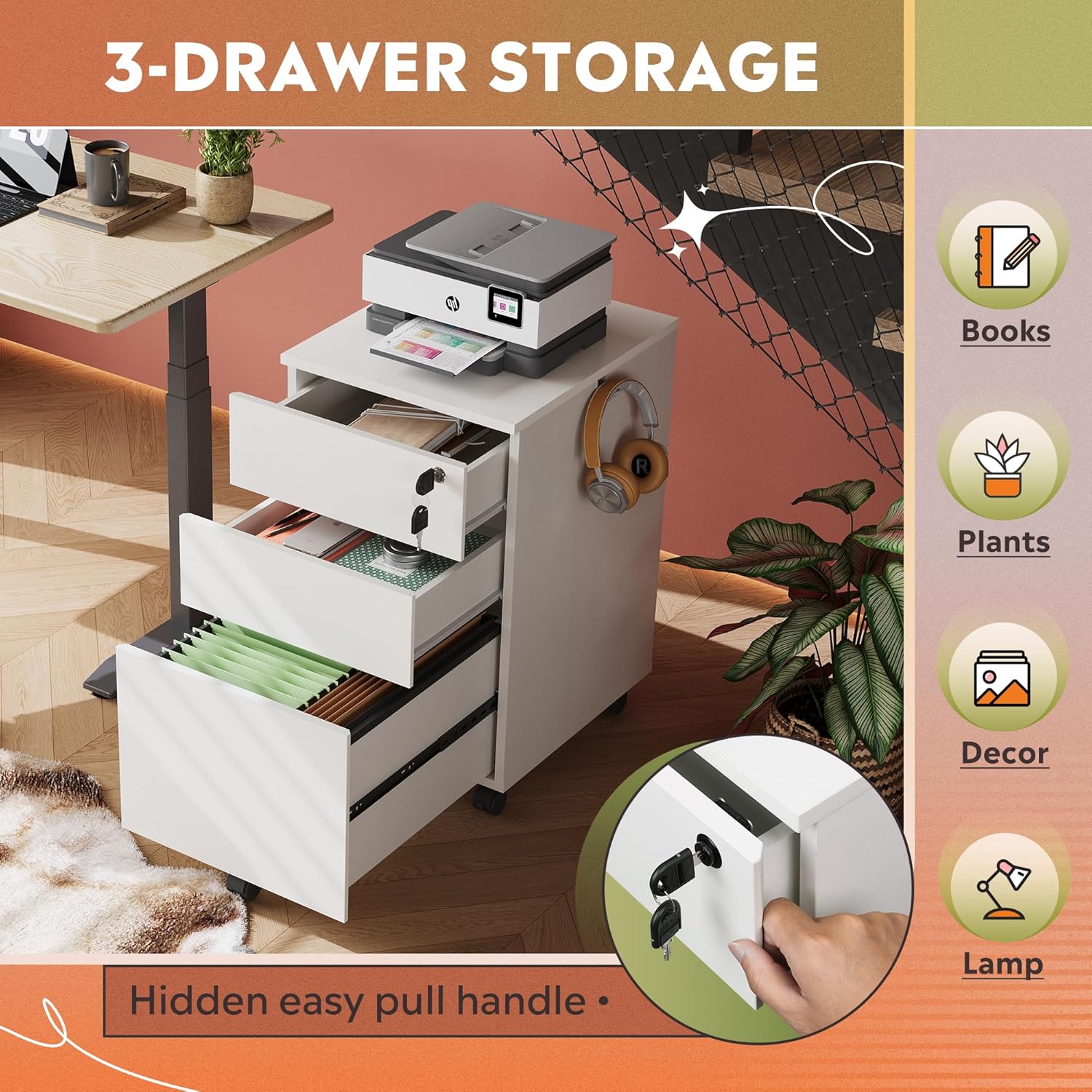 Drawer storage of 3-drawer small rolling filing cabinet with lock