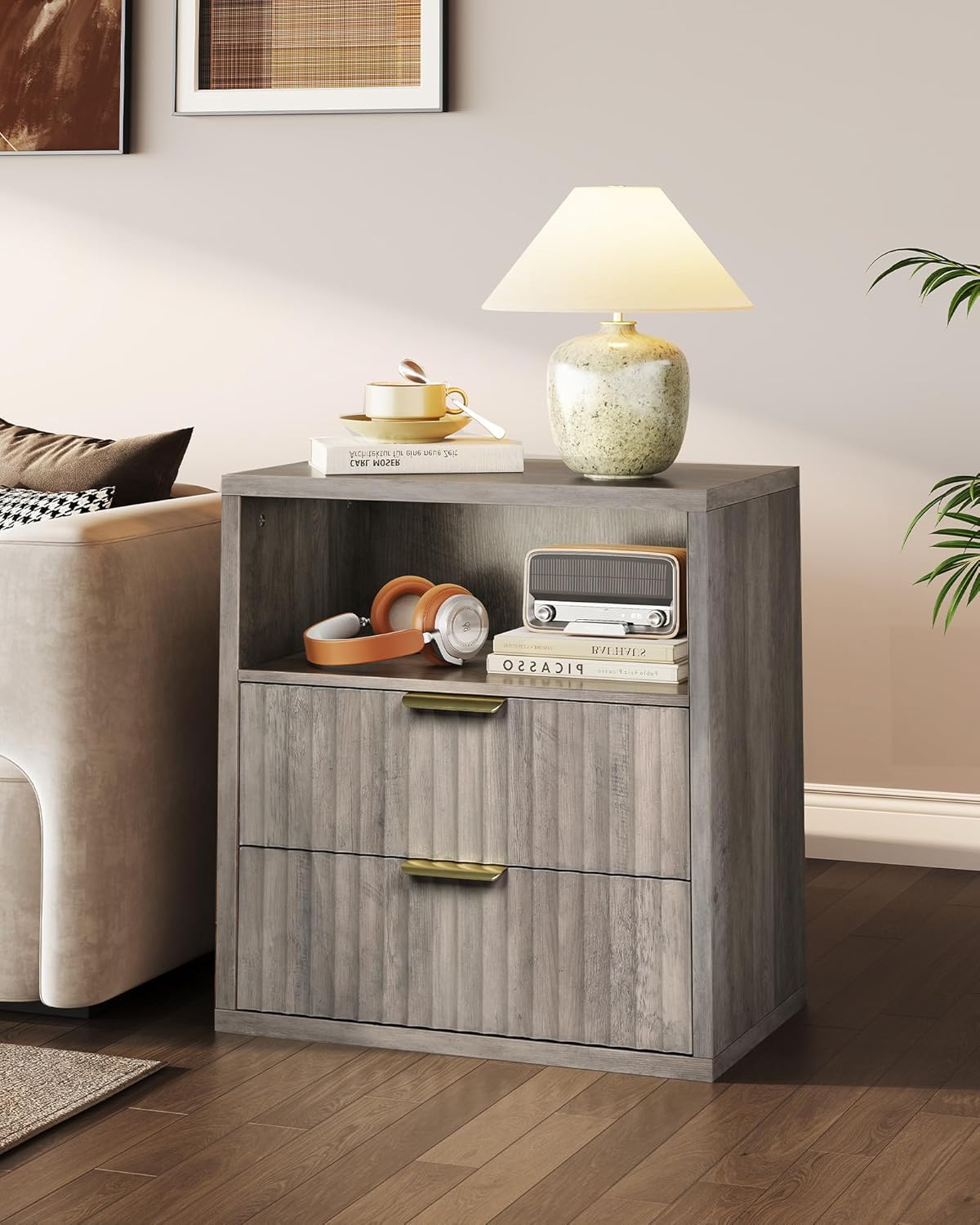 WLIVE Fluted Night Stand Set 2, Wood Nightstands with Storage Drawers and Open Shelf