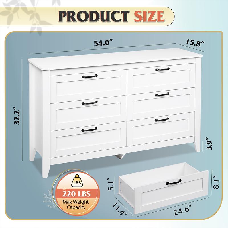 WLIVE Wide 6-Drawer Minimalist Vintage Wood Dresser Size