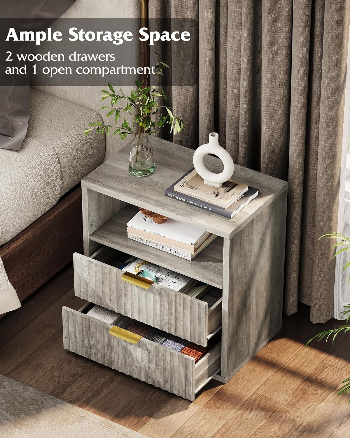 WLIVE Fluted Night Stand Set 2, Wood Nightstands with Storage Drawers and Open Shelf