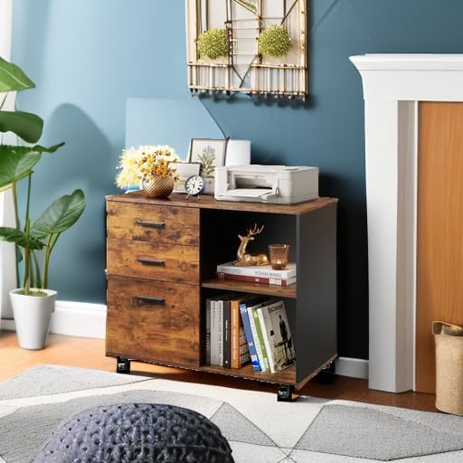 DEVAISE 3-Drawer Wood File Cabinet with Open Storage Shelves