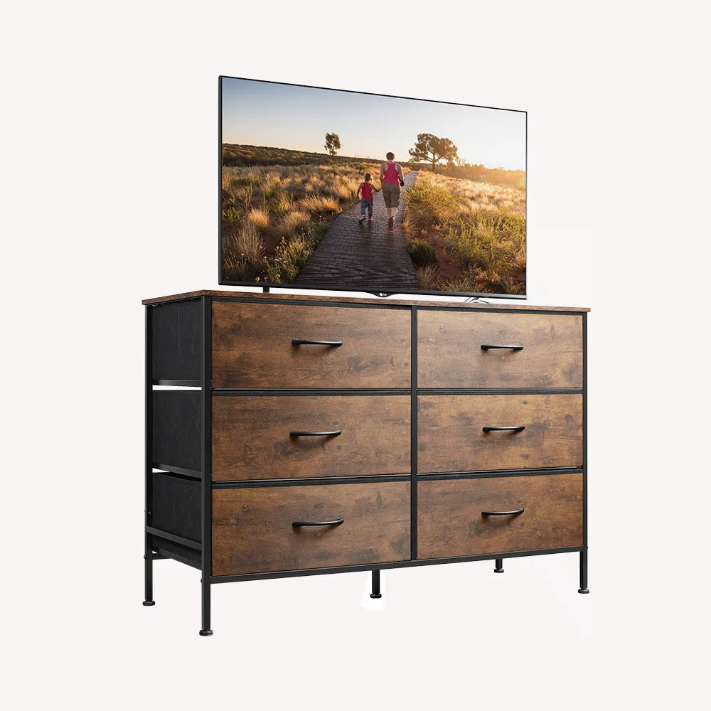 WLIVE Minimalist Fabric 7-Drawer Large Storage Dresser TV Stand in Rustic Brown