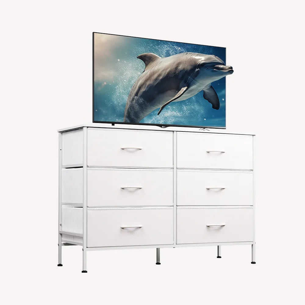 WLIVE Minimalist Fabric 7-Drawer Large Storage Dresser TV Stand in White