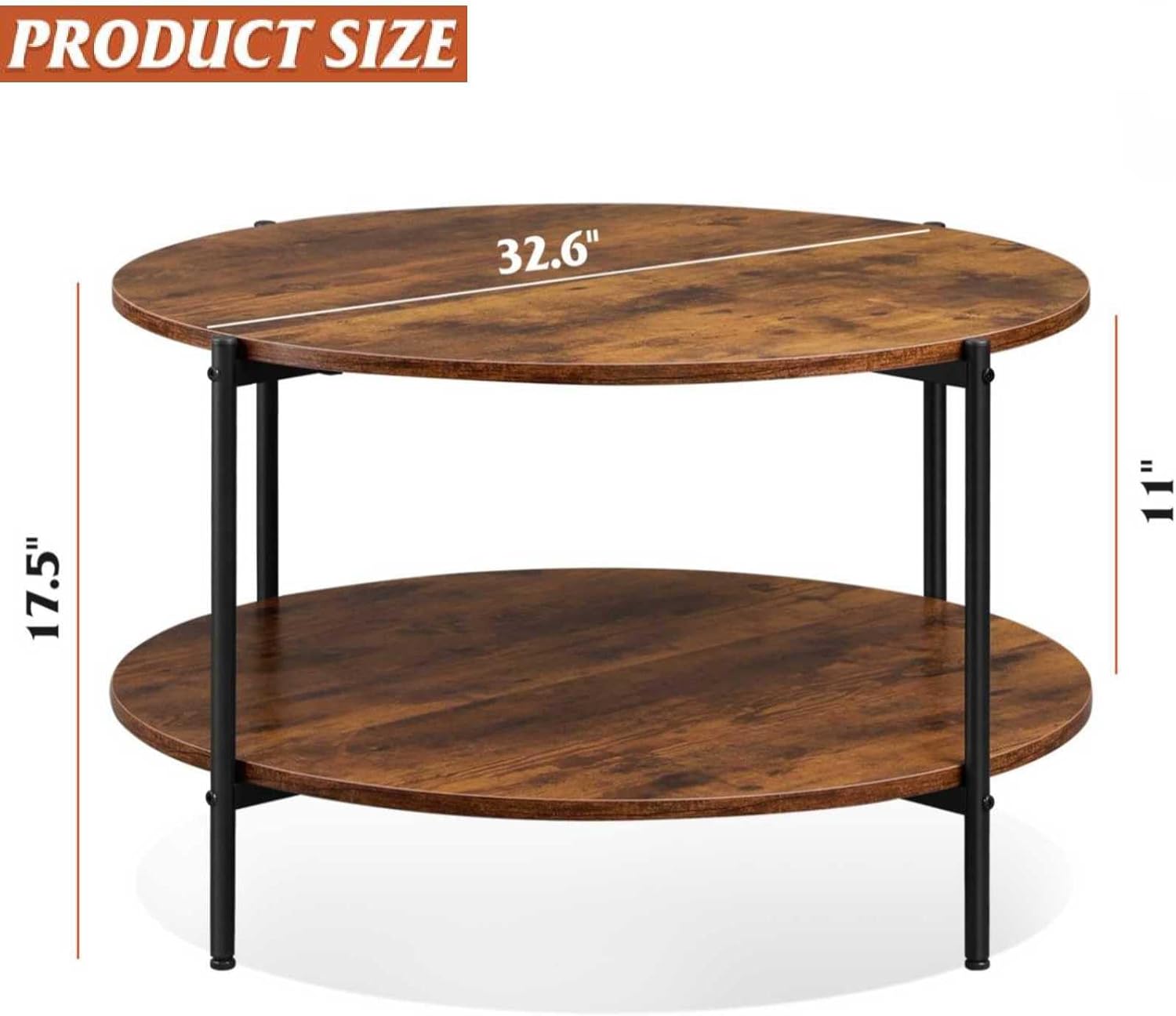WLIVE round industrial coffee table with storage Size