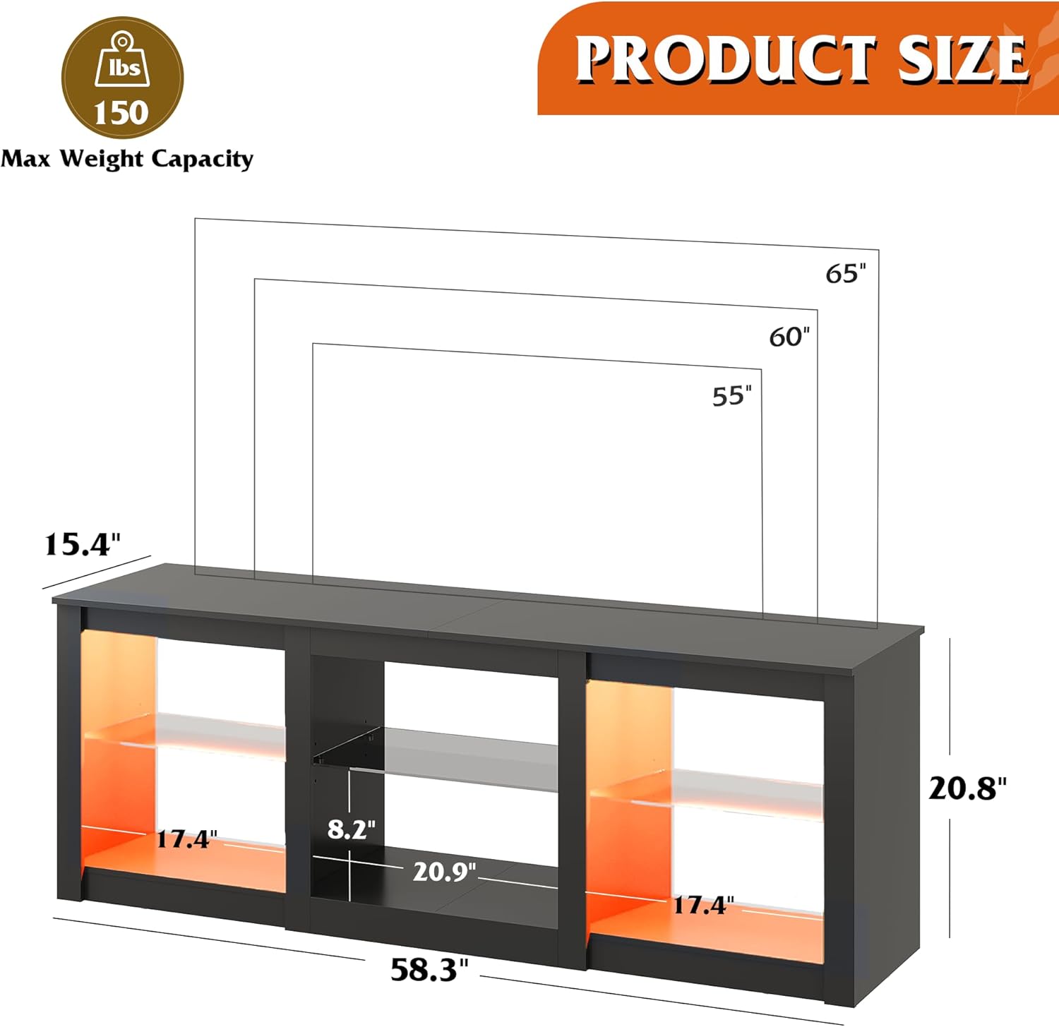 WLIVE Modern Storage LED TV Stand with Glass Shelves Size