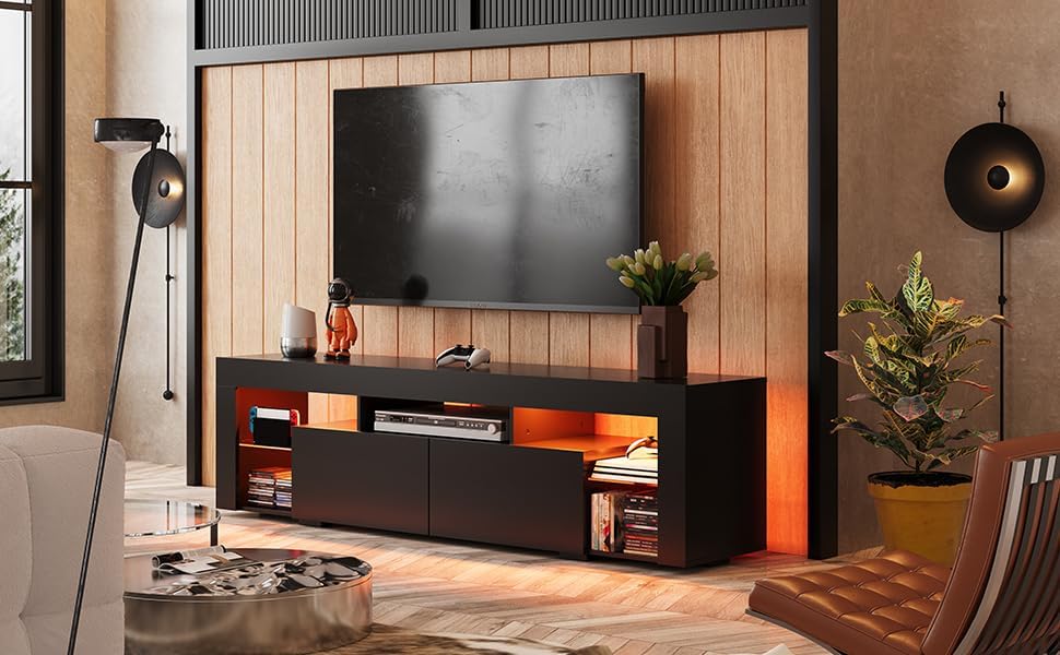 WLIVE Modern LED TV Stand with Glass Shelves for 70 Inch TV in Living Room
