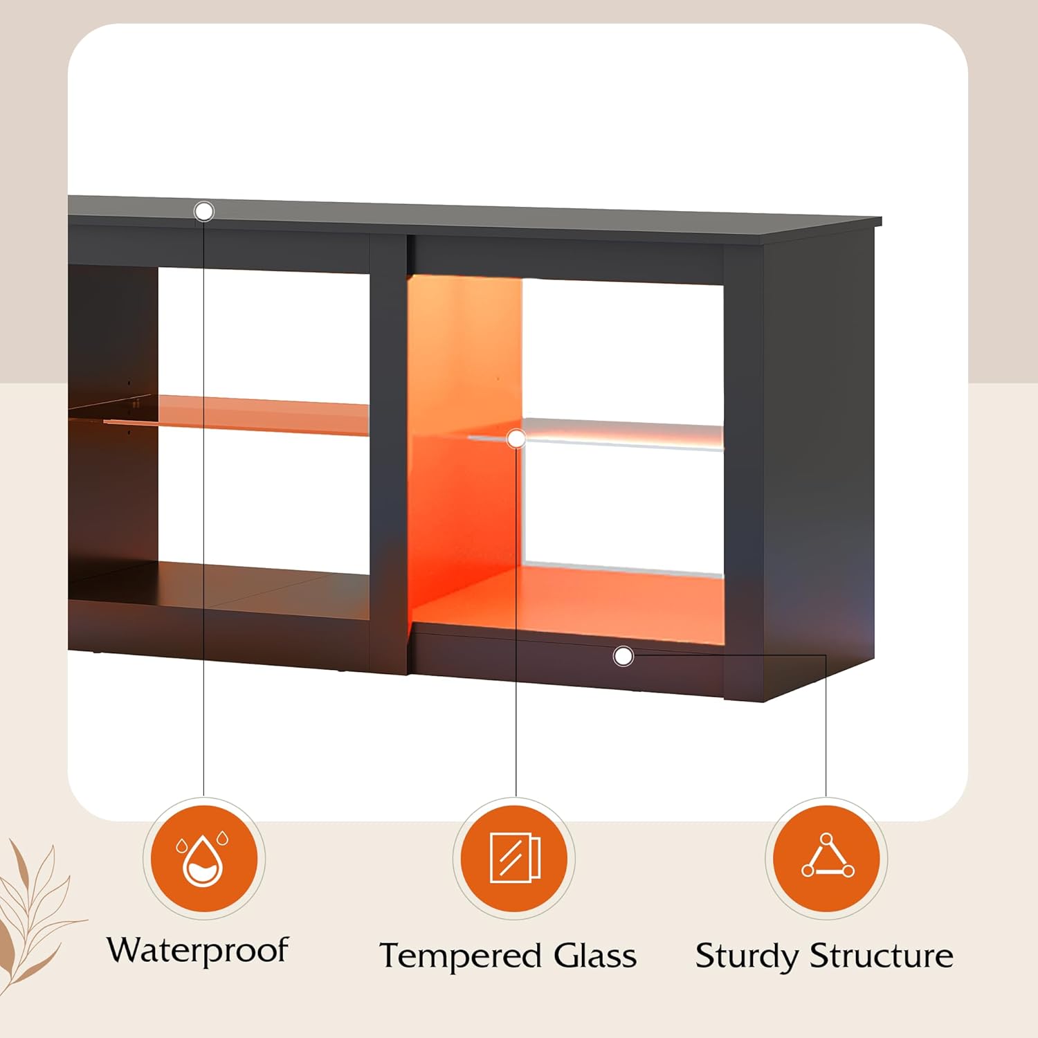 WLIVE Modern Storage LED TV Stand with Glass Shelves Features