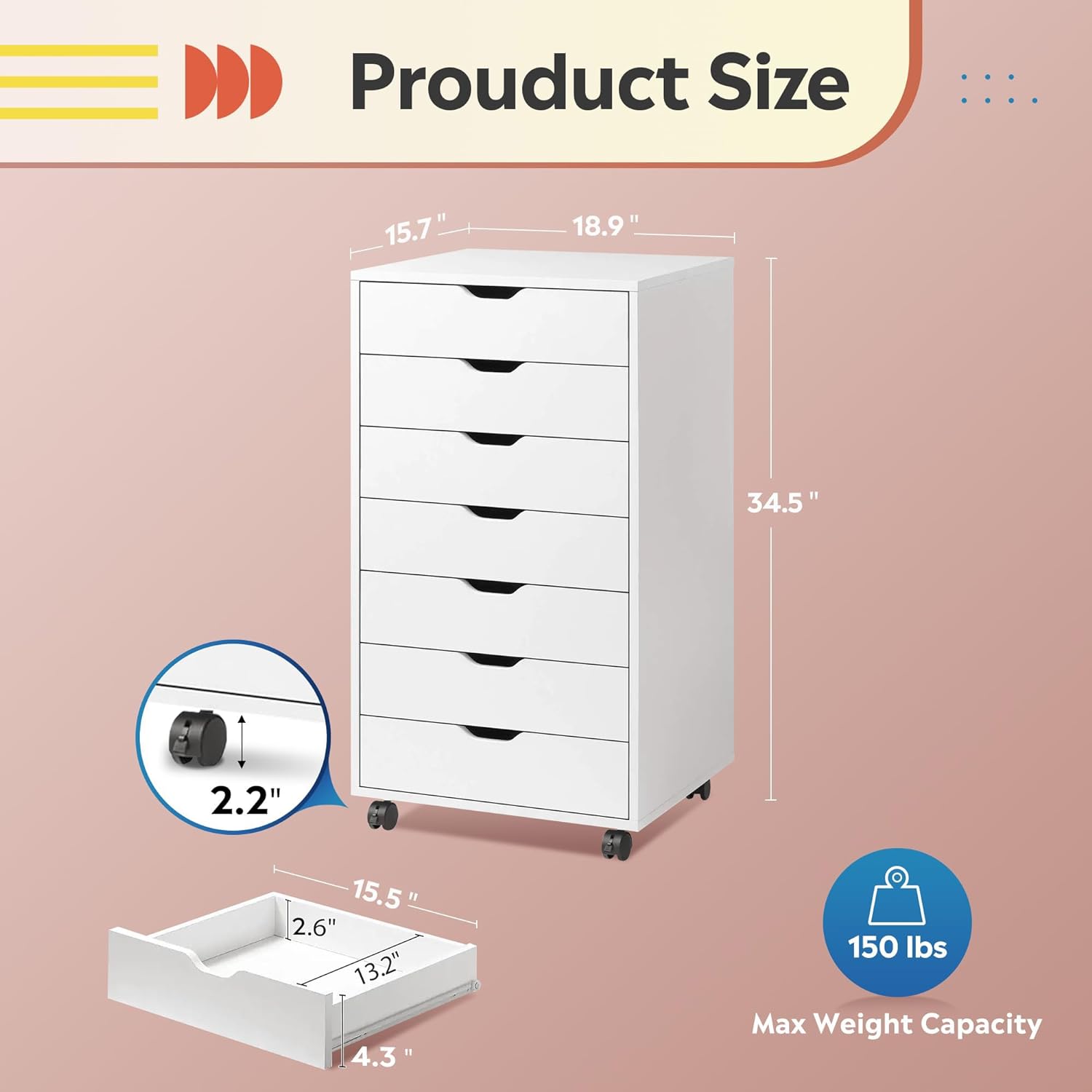 Size of 7-Drawer Modern Wood Storage Dresser & File Cabinet