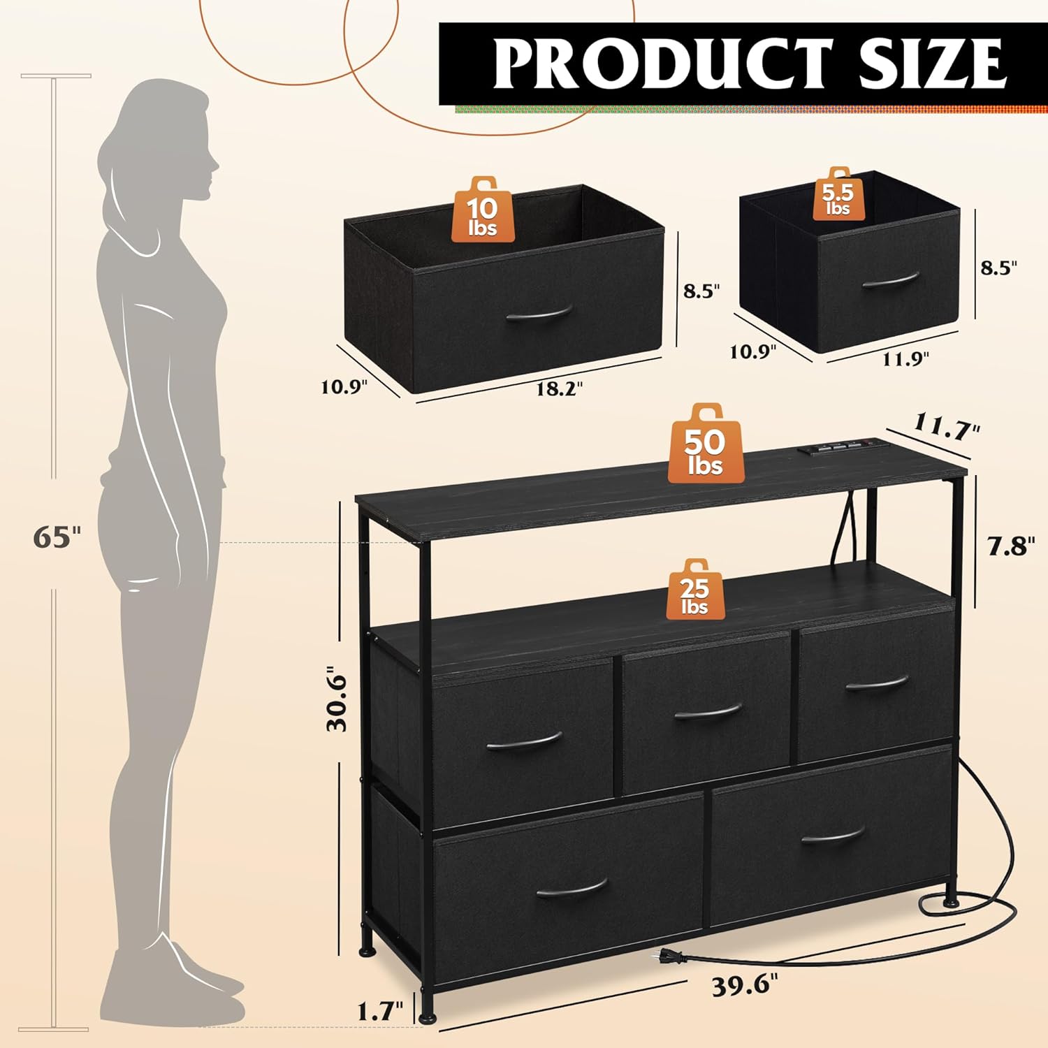 size of WLIVE 5-drawer fabric dresser TV stand with open shelves