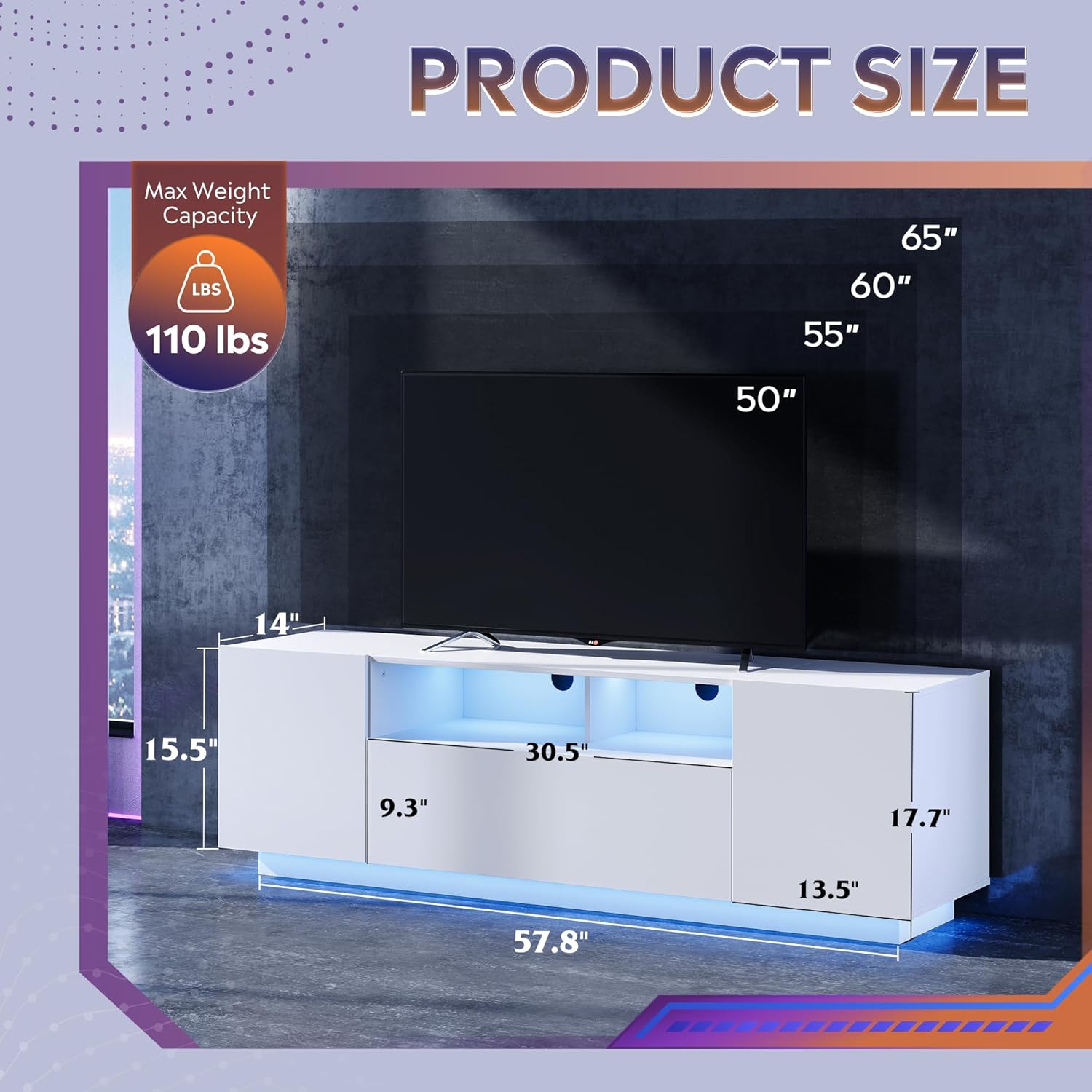 Size of WLIVE Modern Minimalist LED TV Stand for 65 Inch TV