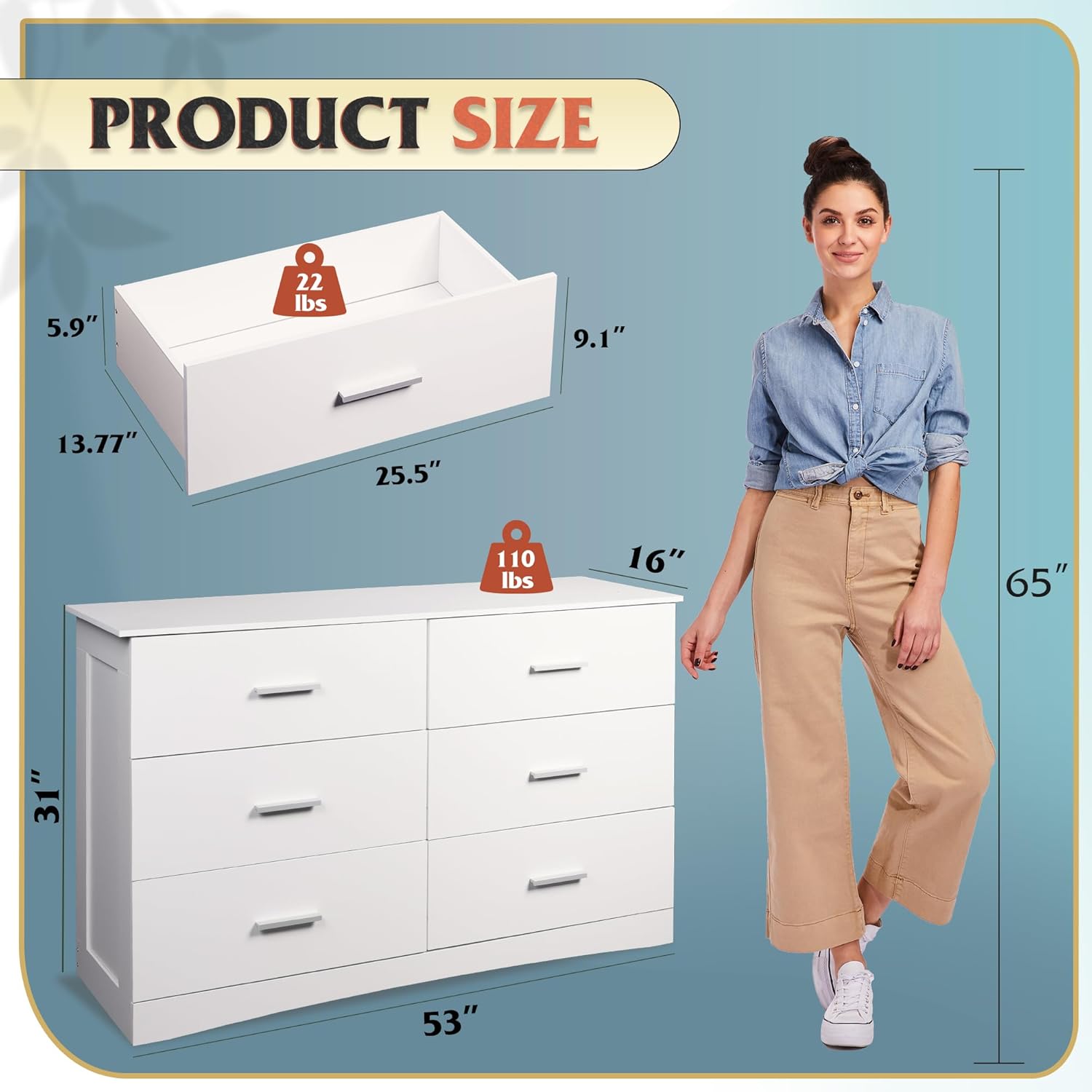 WLIVE Wide 6-Drawer Modern Wood Dresser and Drawer Size