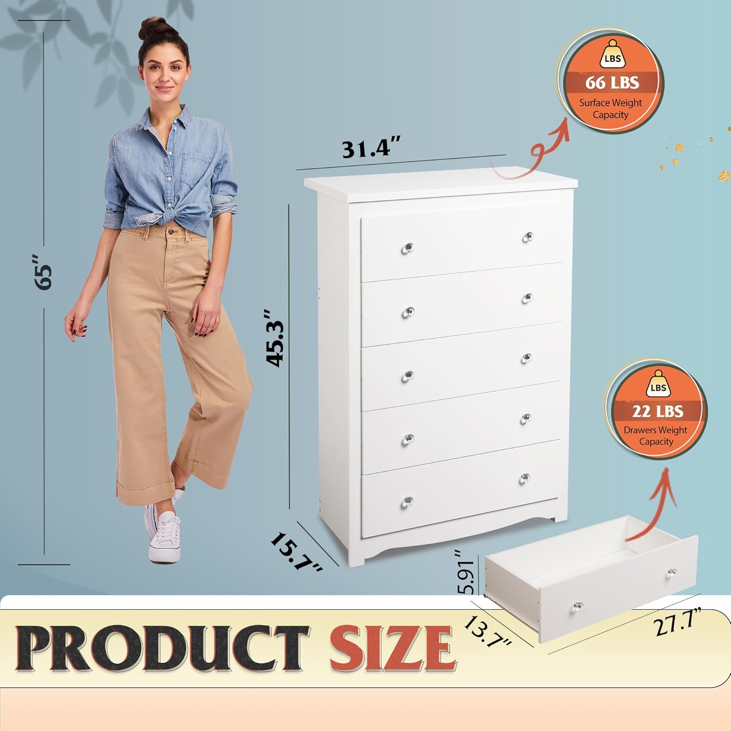 WLIVE 5-Drawer Minimalist Modern Wood Storage Chest Size