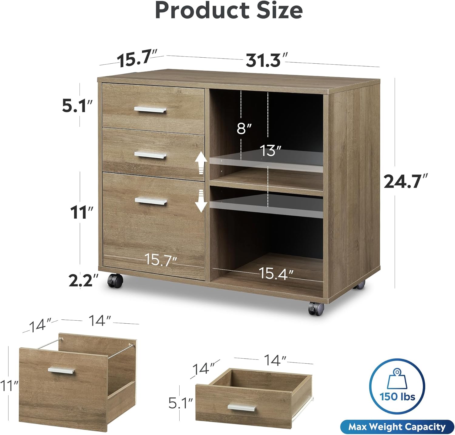 DEVAISE Upgraded 3-Drawer Wood Mobile Lateral File Cabinet