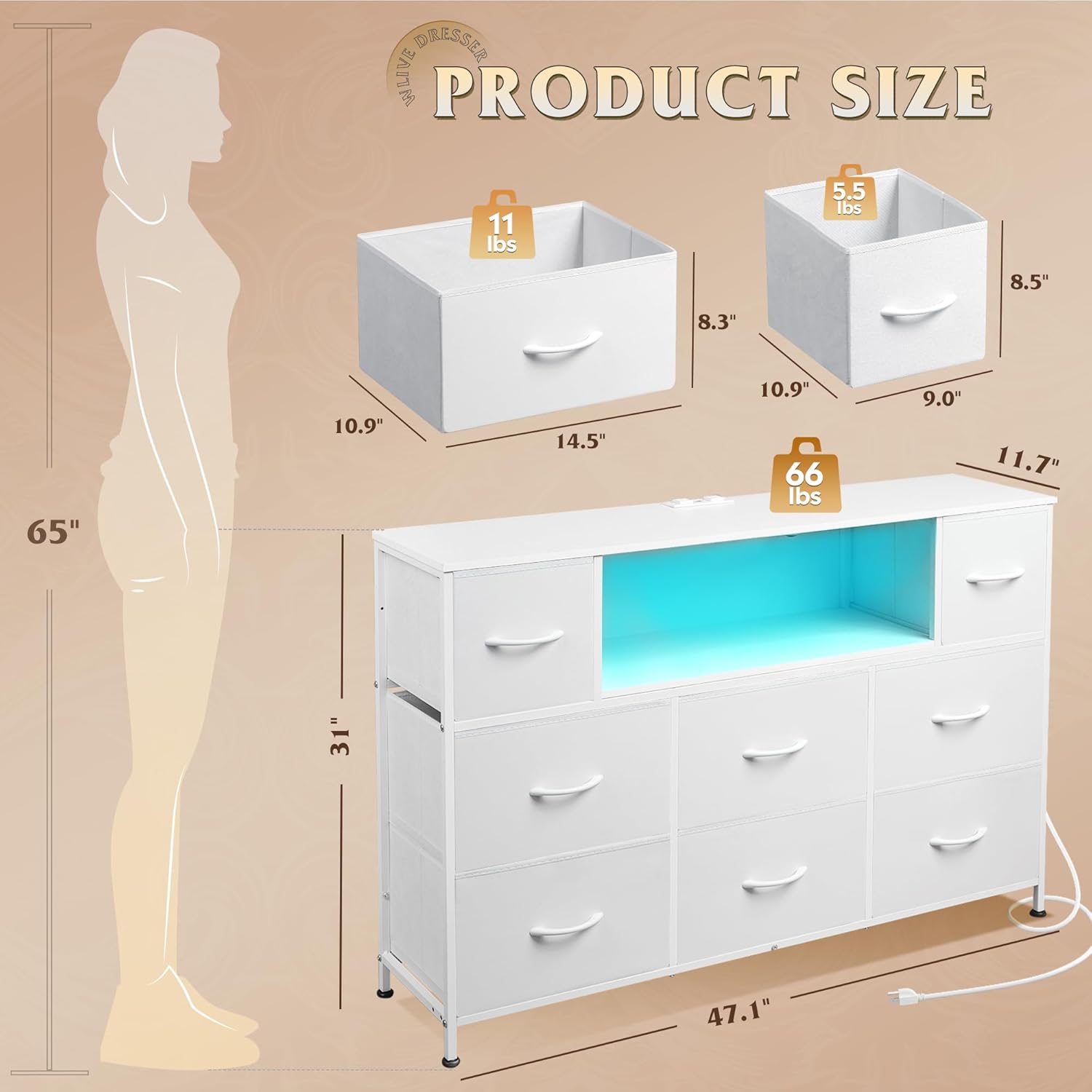 WLIVE 8-drawer fabric dresser drawer size