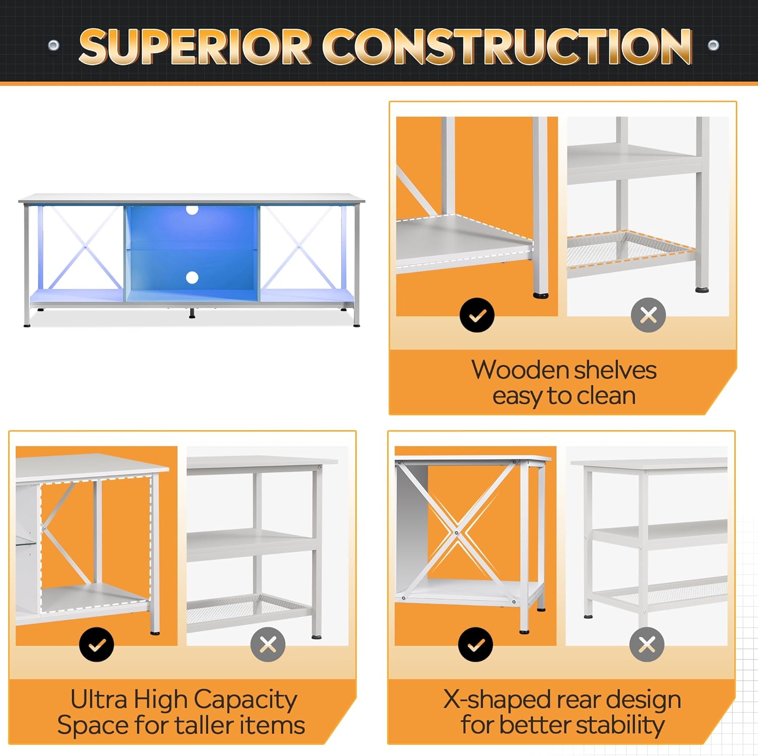 Construction of WLIVE Industrial LED TV Stand with Storage Shelves for 65 Inch TV