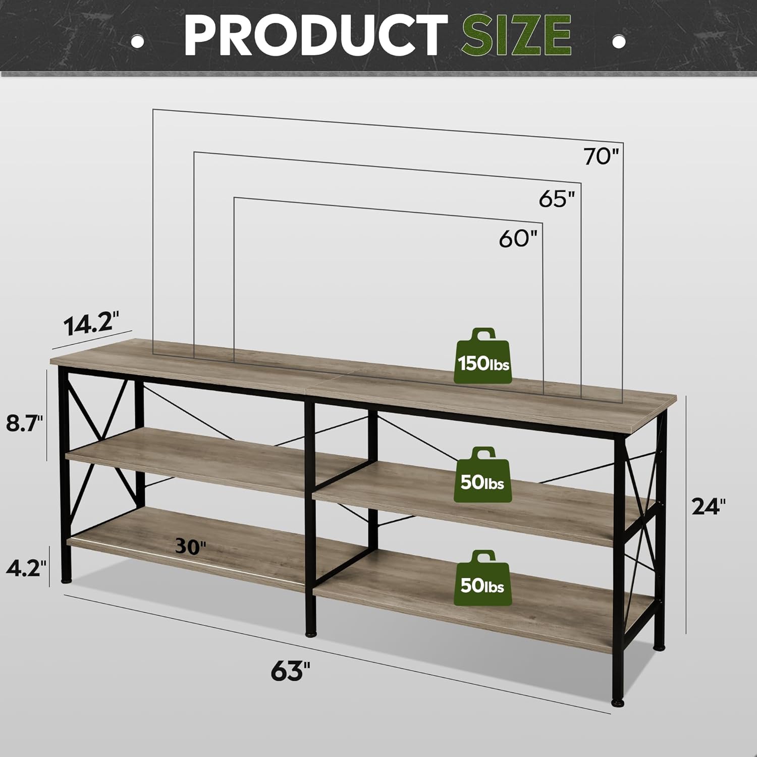 WLIVE Industrial 3-Tier Shelves TV Stand Size