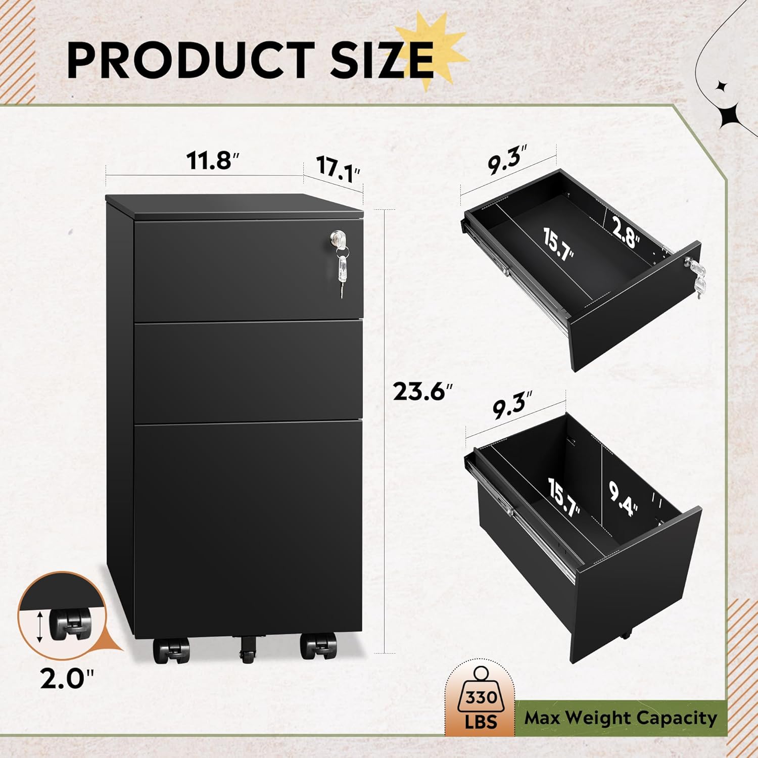 Size of 3-drawer metal rolling file cabinet with lock