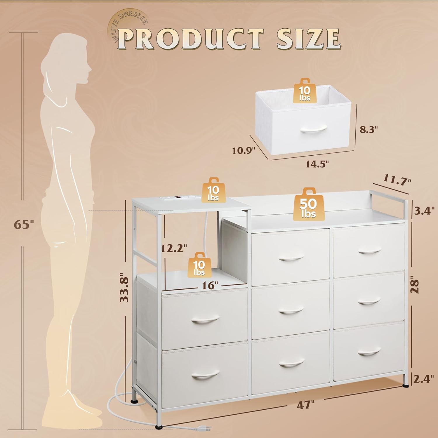 Size of WLIVE 8 drawer fabric dresser with charging station and shelf
