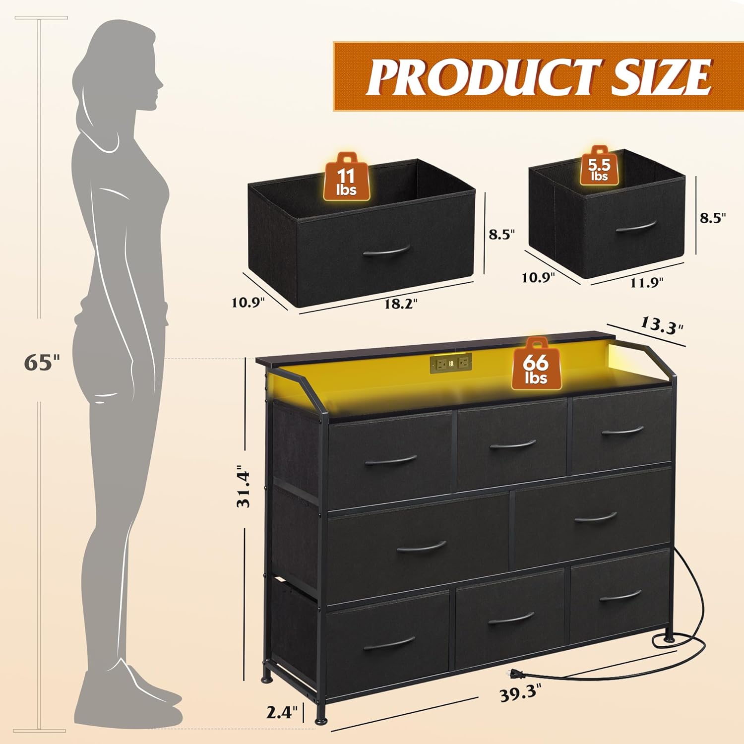 WLIVE White Minimalist 8-Drawer LED Large Storage Fabric Dresser TV Stand Size