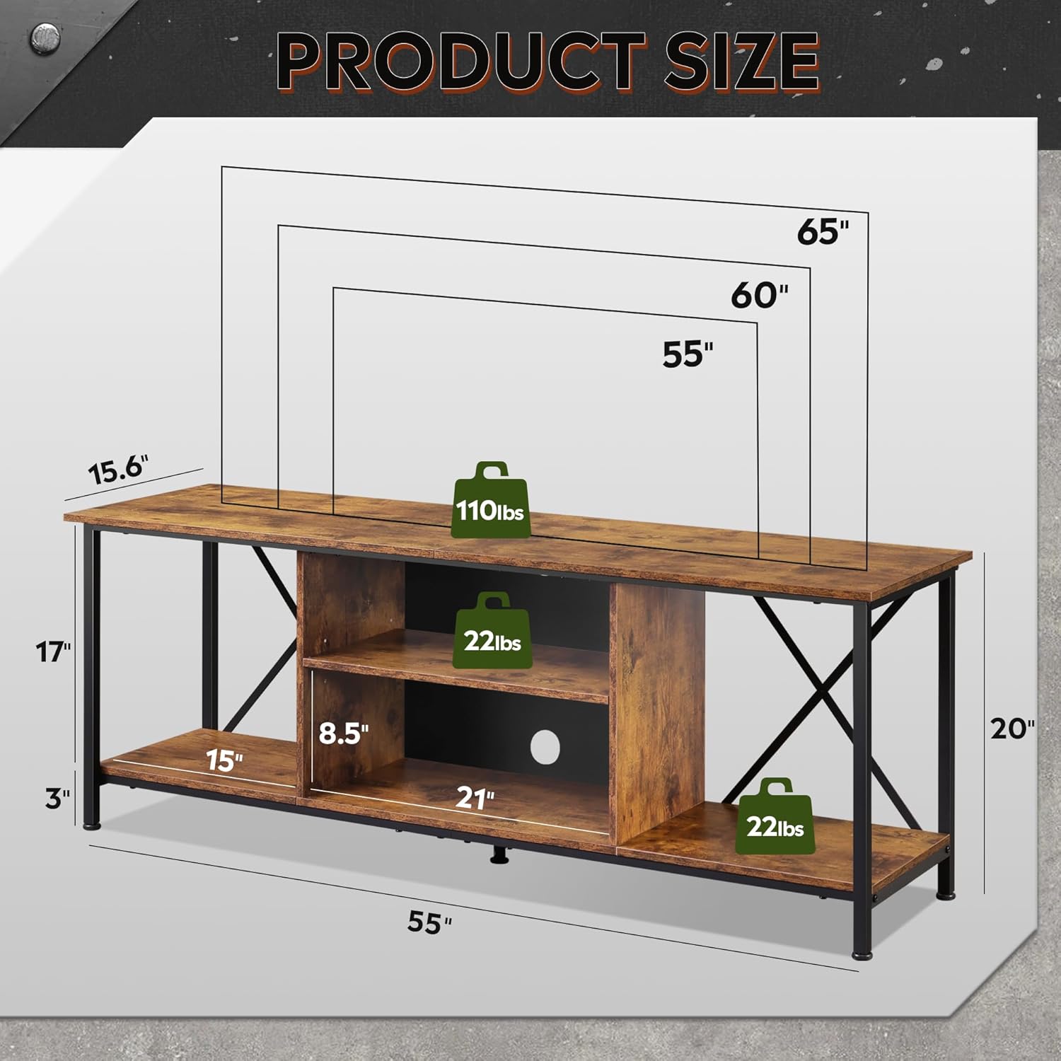 Size of WLIVE Industrial TV Stand with Open Storage Shelves for 65 Inch TV