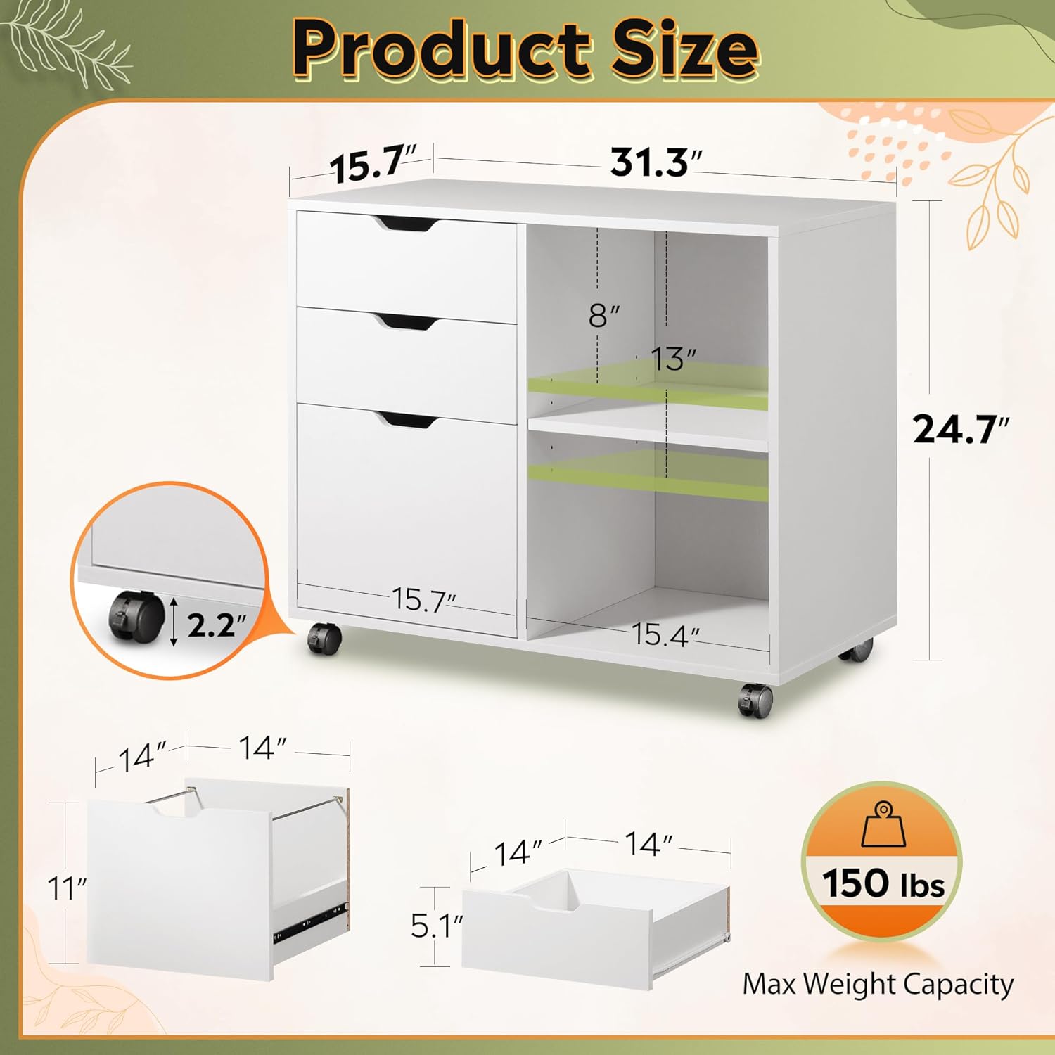 DEVAISE 3-Drawer Wood File Cabinet with 2 Open Shelves