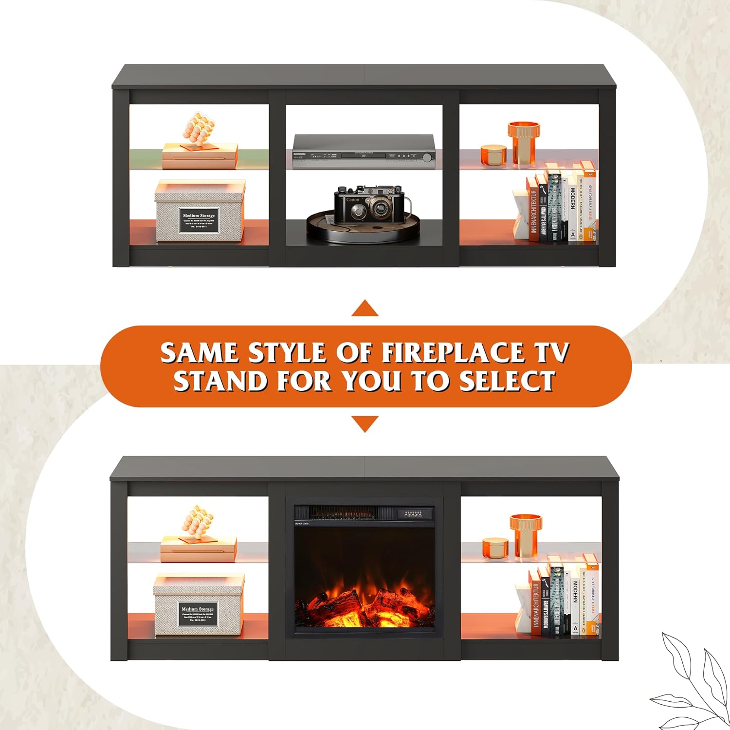 WLIVE Modern Storage LED TV Stand with Glass Shelves and Fireplace selection