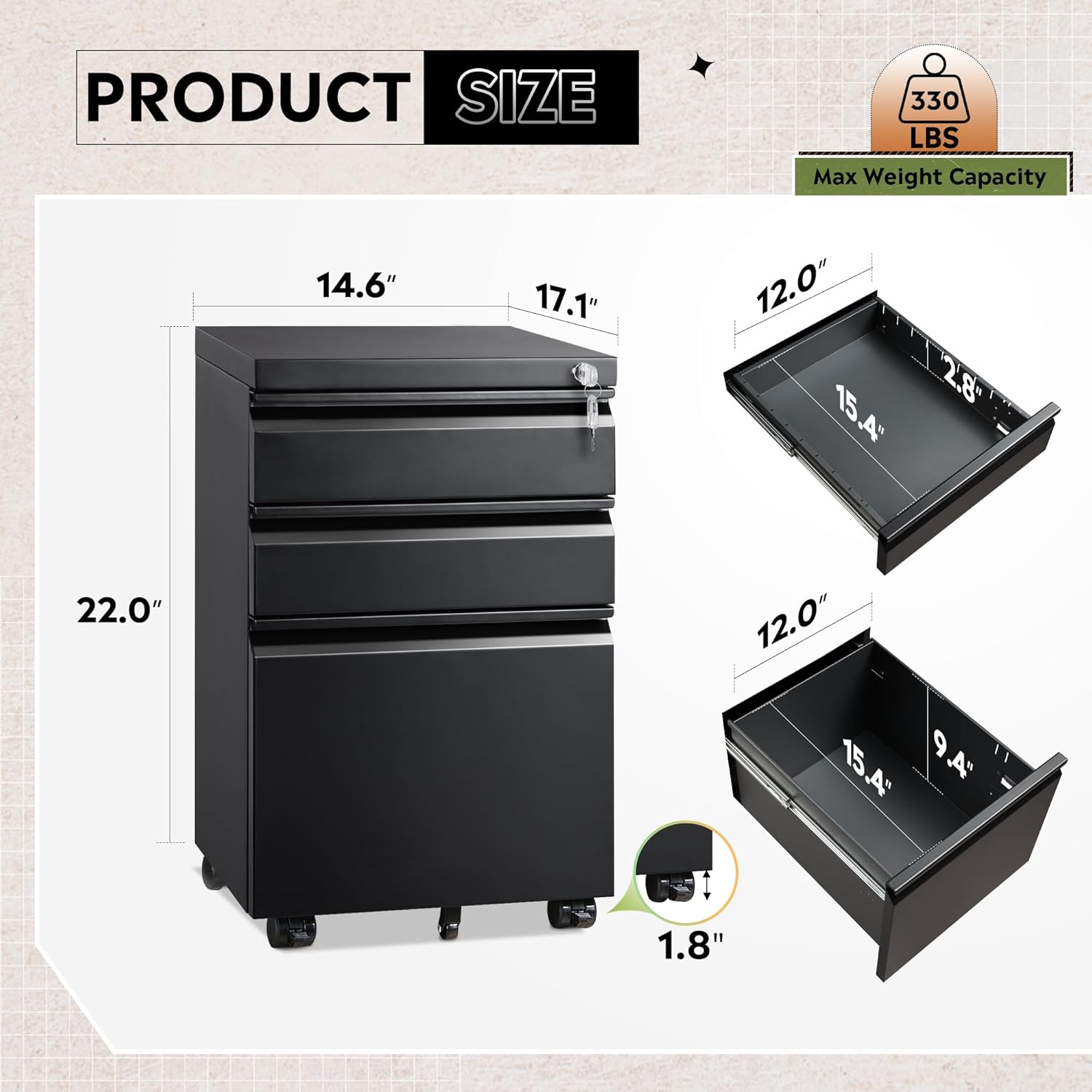 DEVAISE 2 or 3 Drawer Modern Mobile File Cabinet