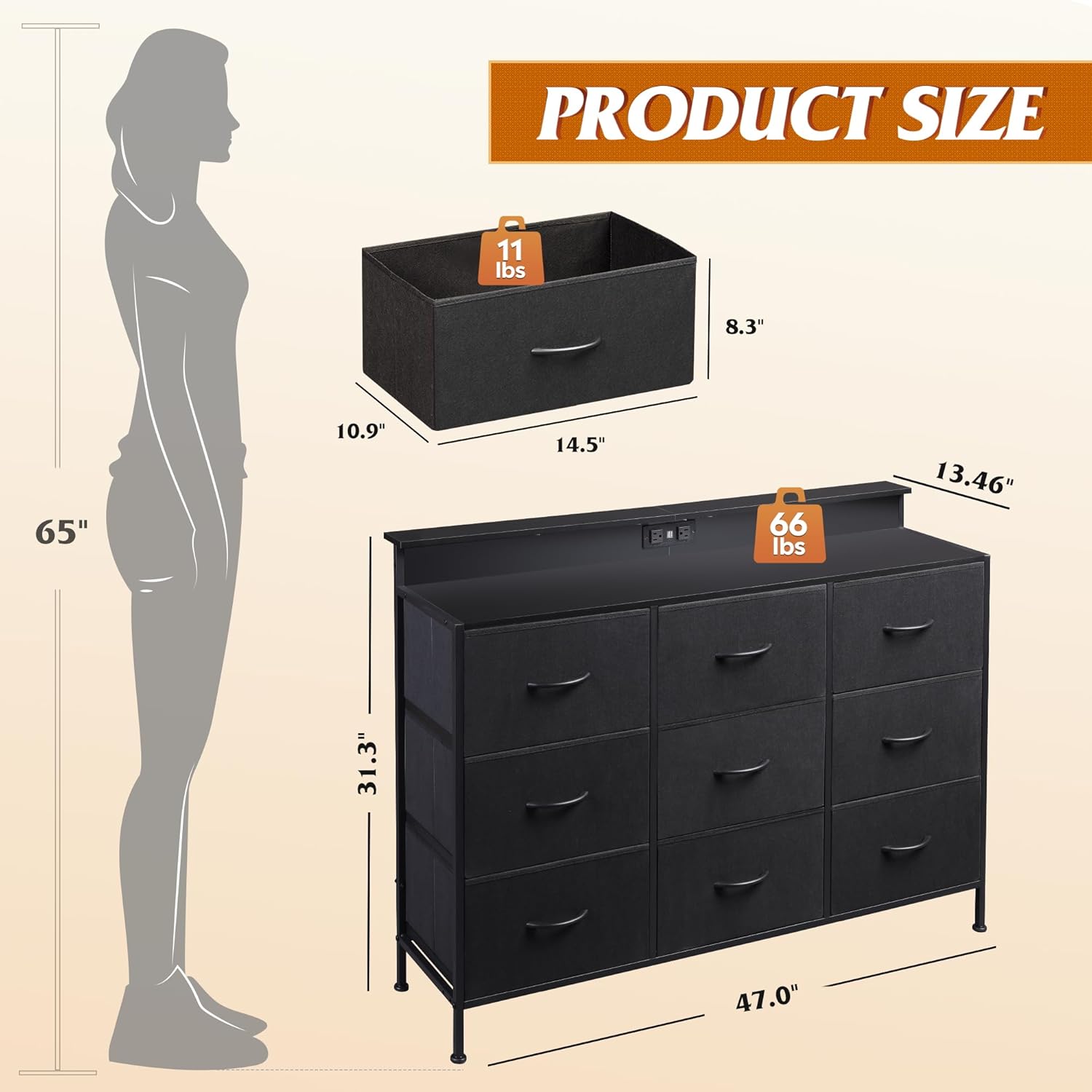 size of WLIVE 9 drawer LED fabric dresser TV stand with storage