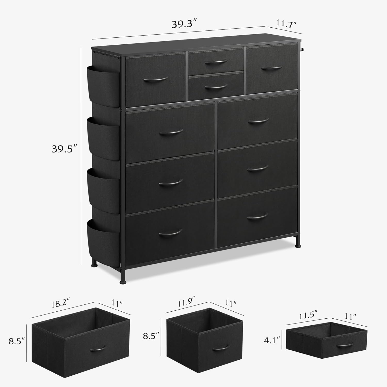 size of WLIVE 10 drawer fabric dresser with side pockets and hooks