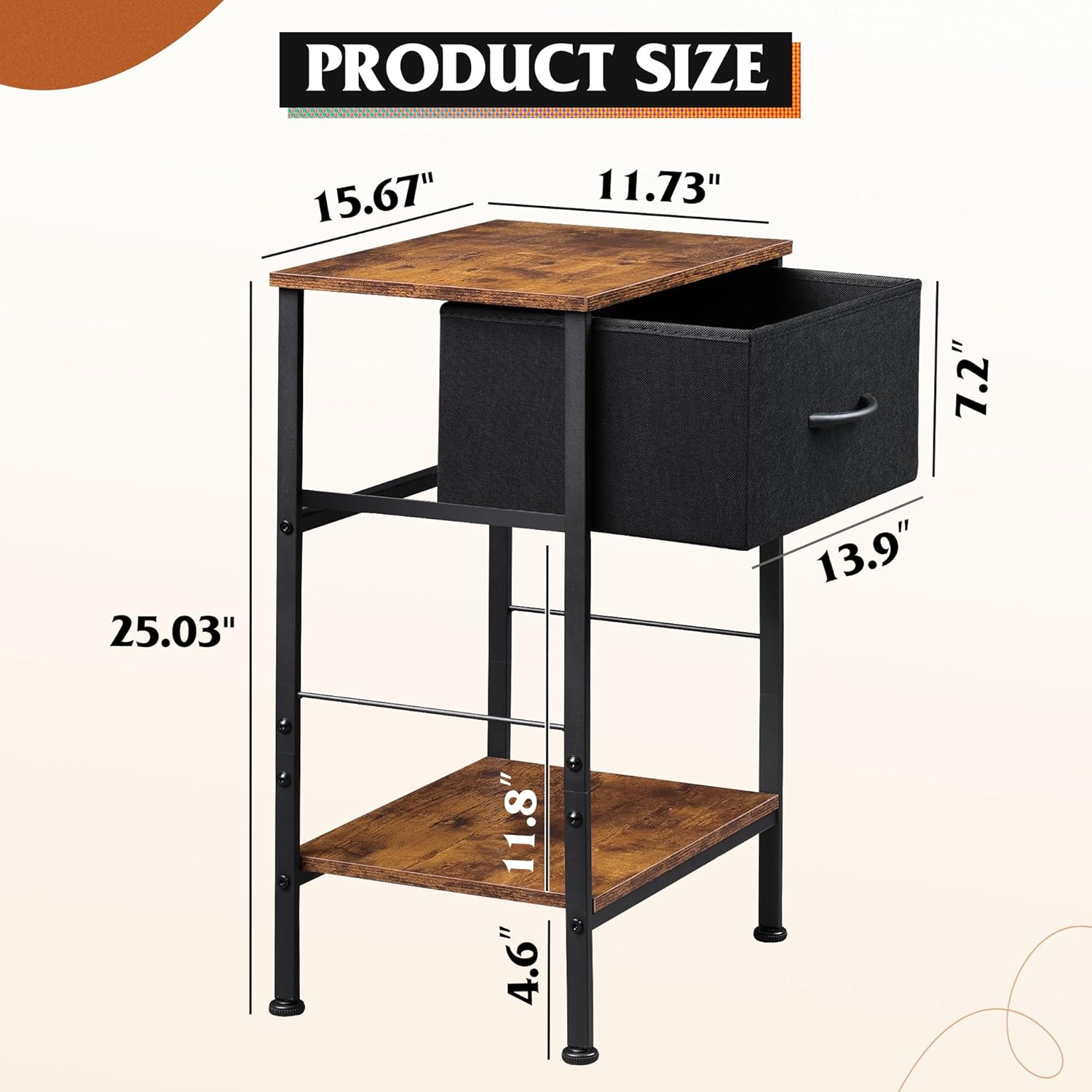 Size of 1-drawer fabric storage nightstand set of 2