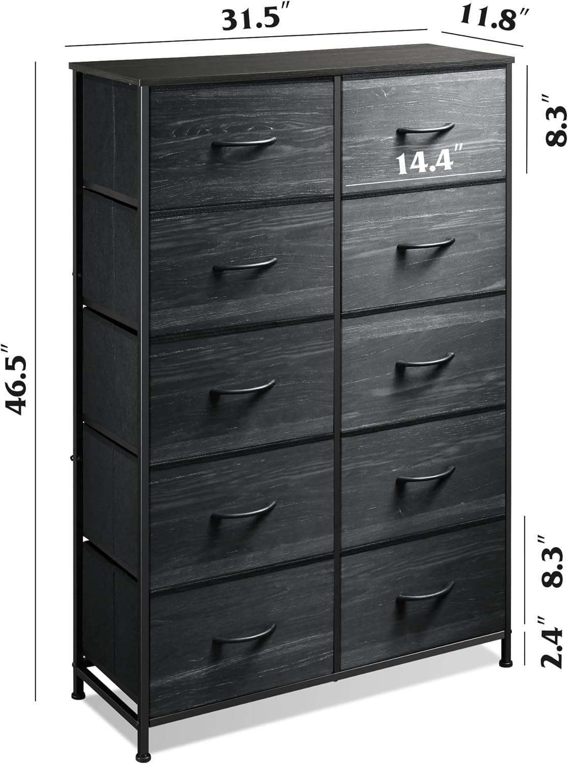 WLIVE Minimalist Tall 10-Drawer Storage Fabric Dresser Size