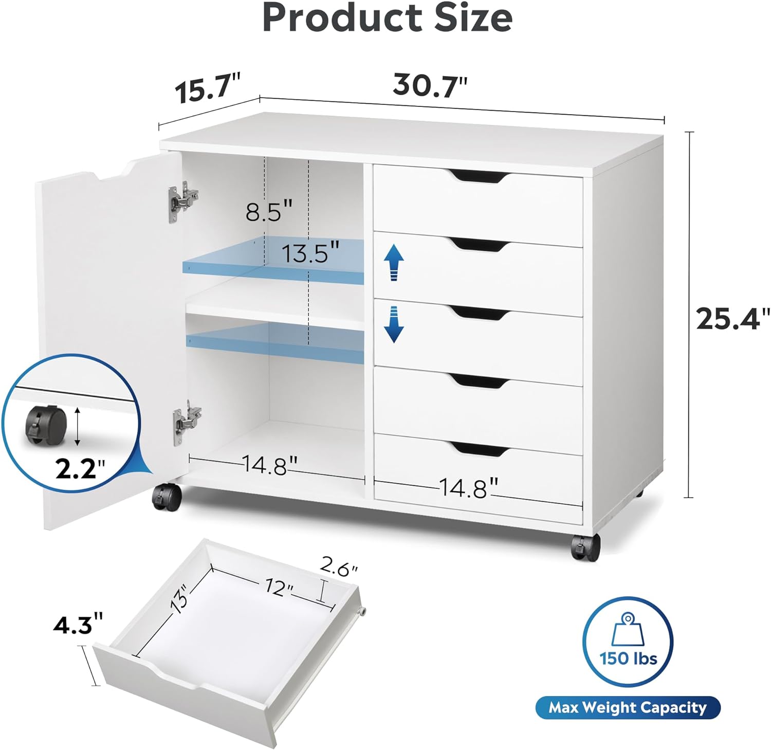 DEVAISE 5-Drawer Wood Mobile Storage Cabinet with Door Size