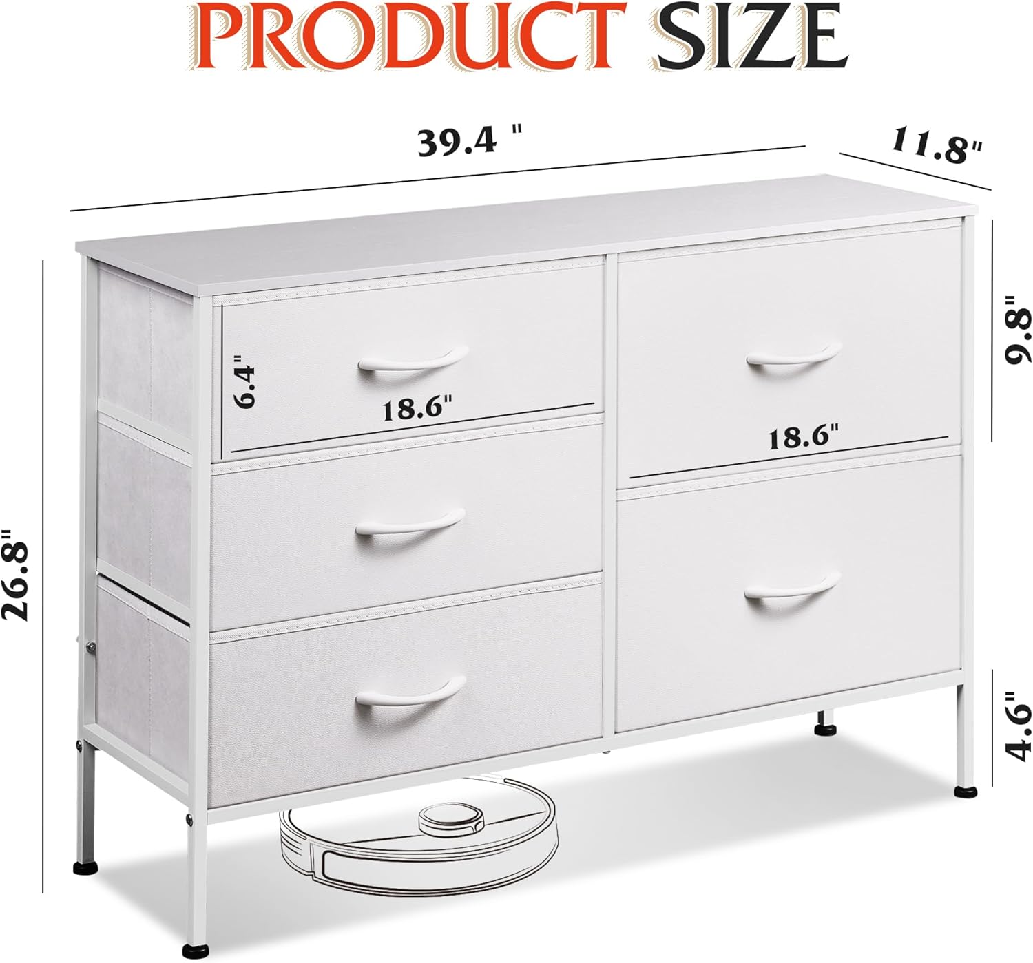 size of minimalist fabric 5-drawer large storage dresser