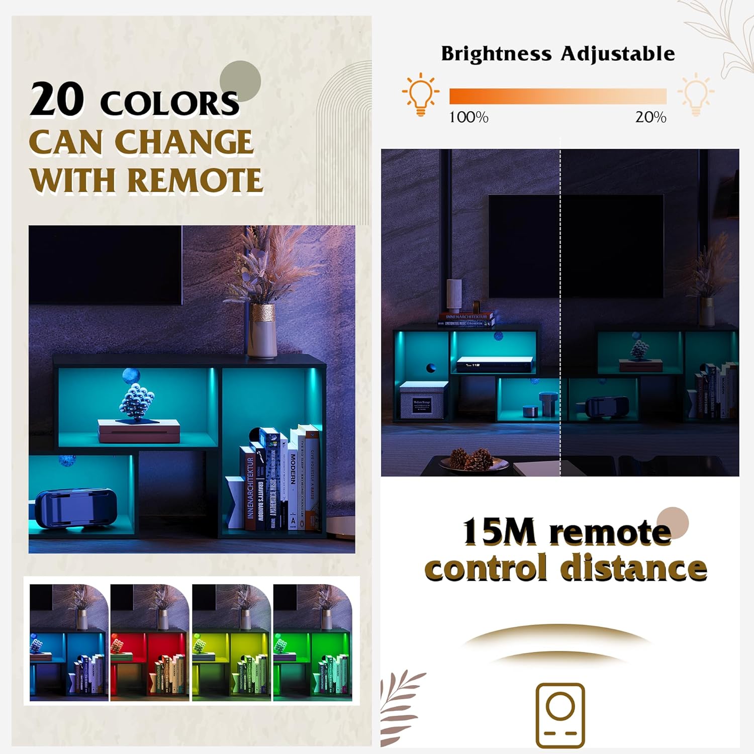 WLIVE Modern 3 Pieces TV Stand with 20 LED Color Light Control