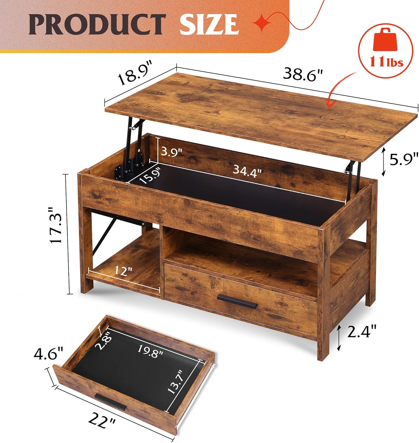 WLIVE Rustic Wood Lift Top Coffee Table with Storage Drawer Size