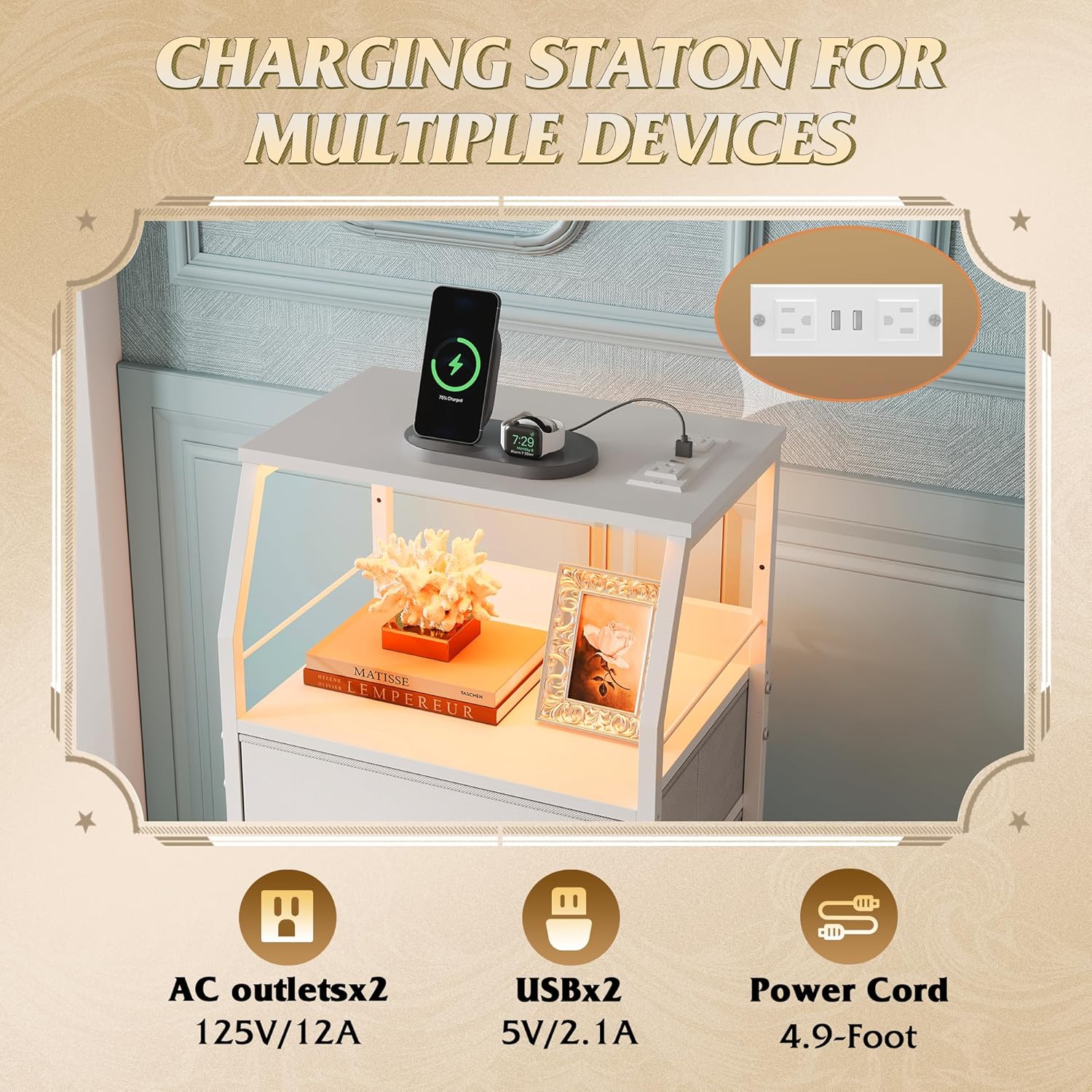 WLIVE Fabric 4-Drawer LED Nightstand with Charging Station