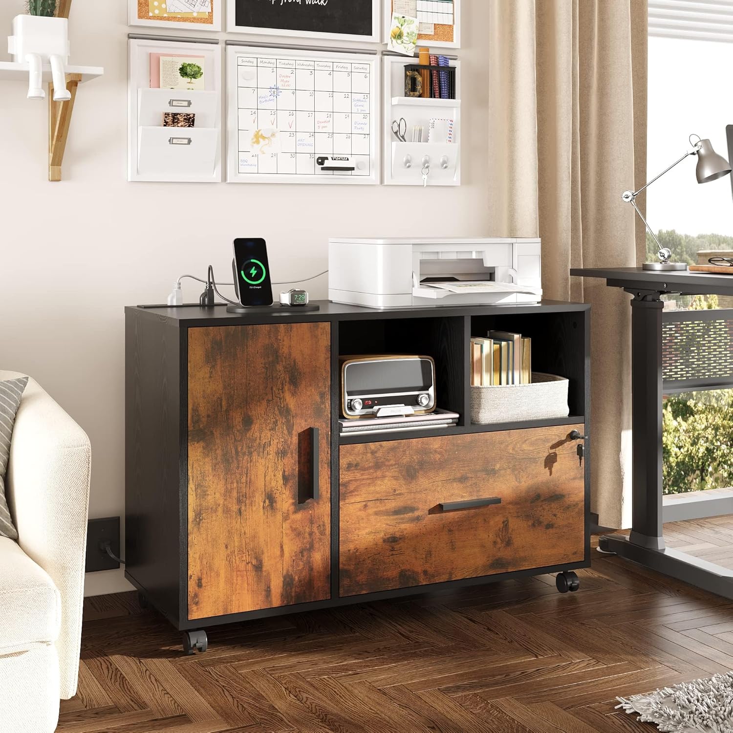 wood file cabinet with charging station in home office
