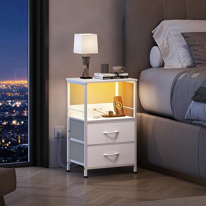WLIVE 2-Drawer LED Storage Nightstand with Charging Station