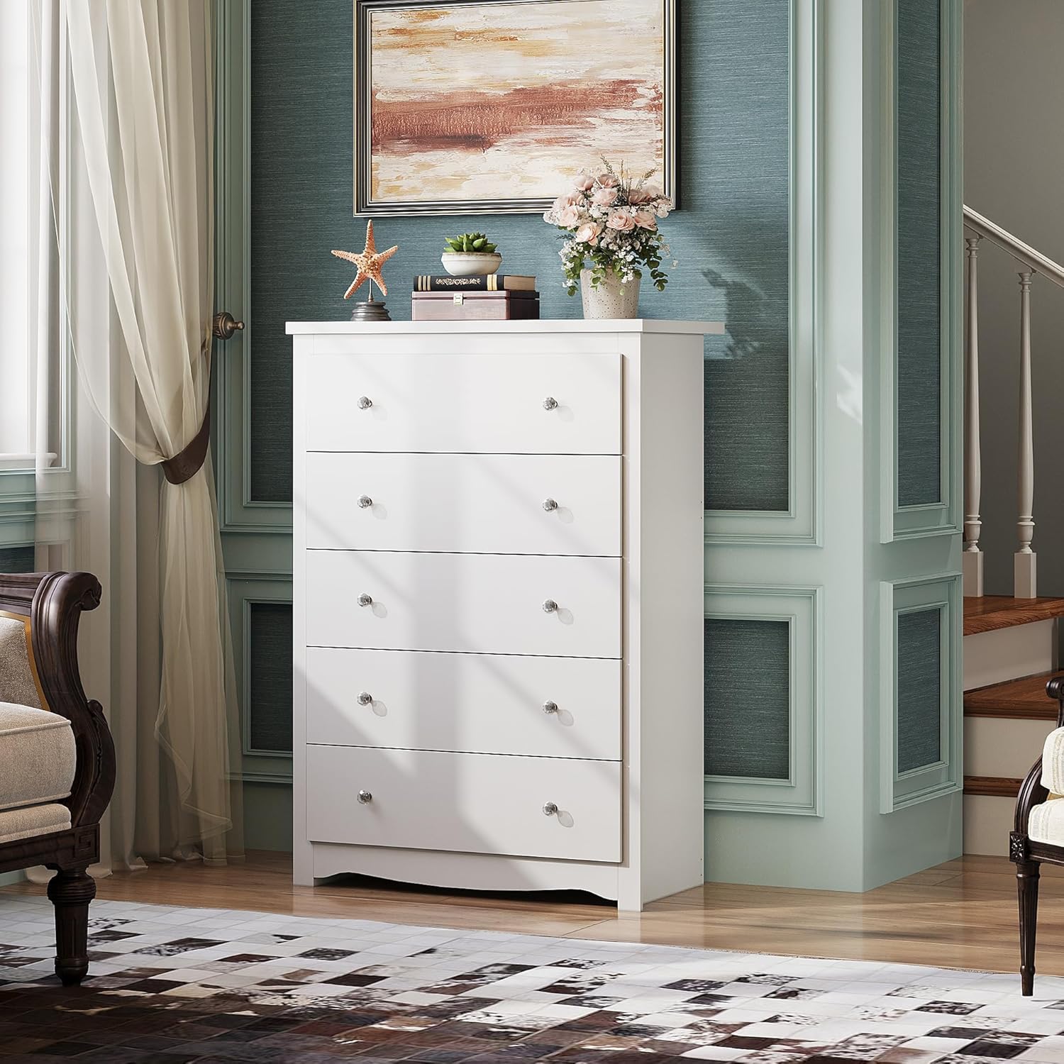 WLIVE White 5-Drawer Minimalist Modern Wood Storage Chest in room