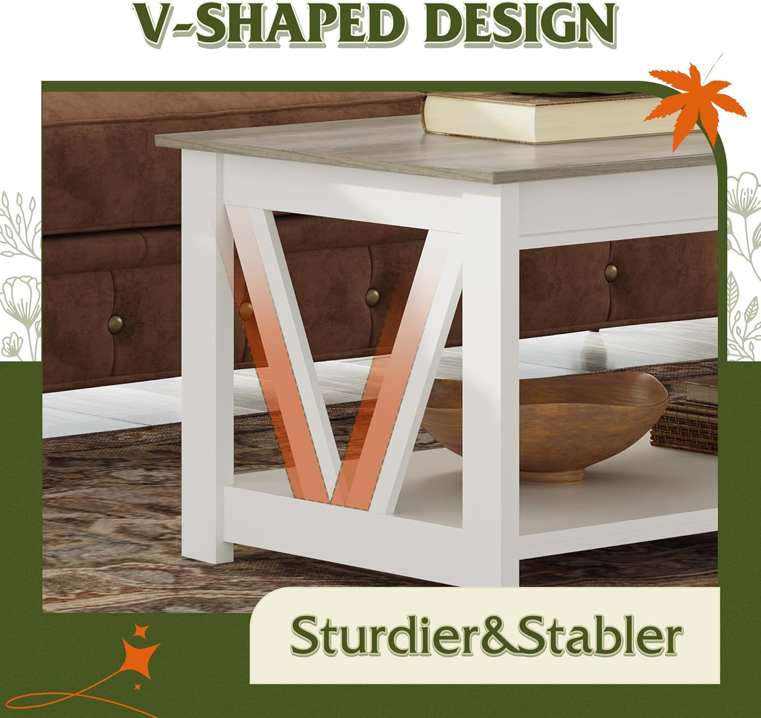 WLIVE Rectangle Farmhouse Wood Coffee Table with V-shaped Design